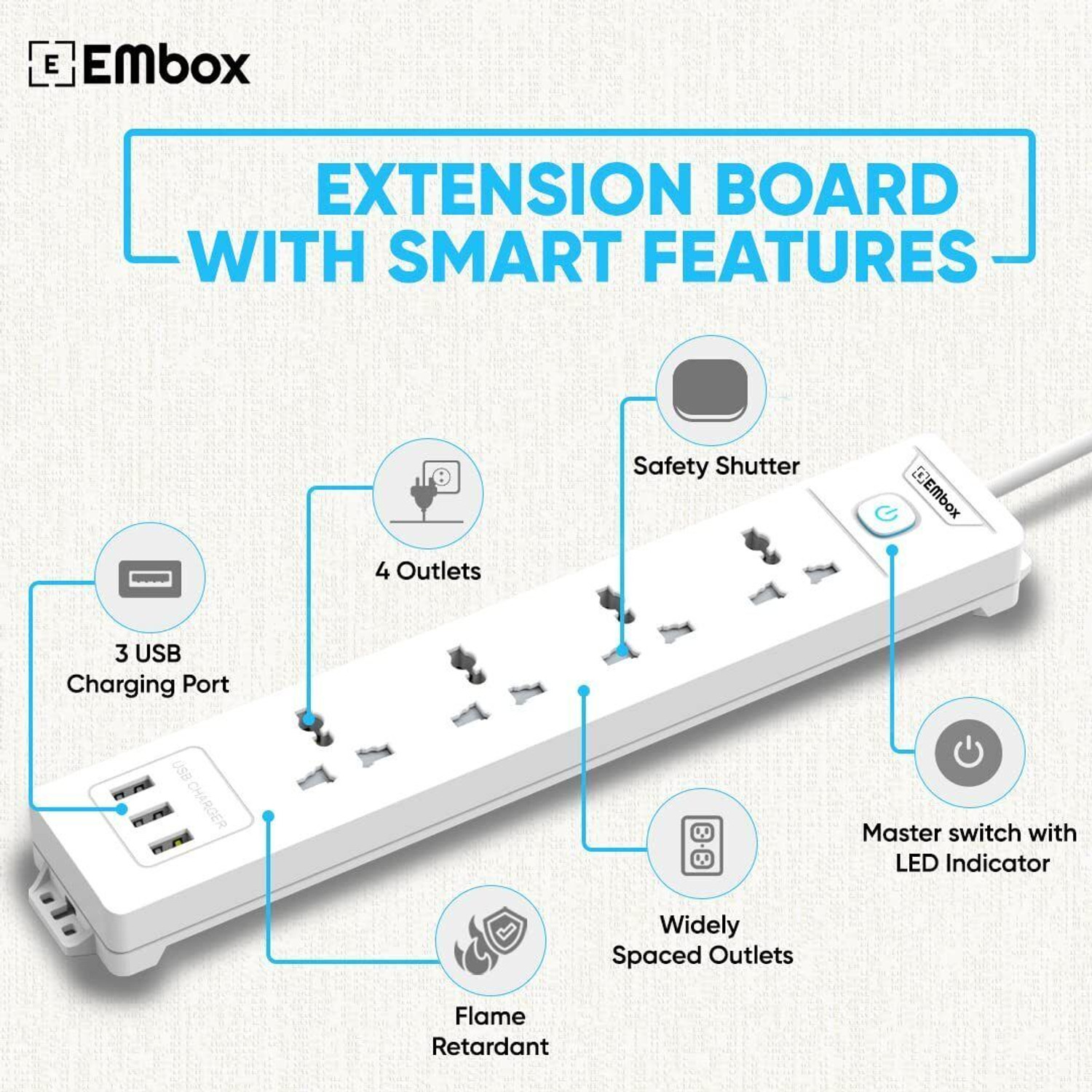 Image of EMBox Power Extension Cord with Master Switche 3 USB Ports 4 Socket Extension Boards