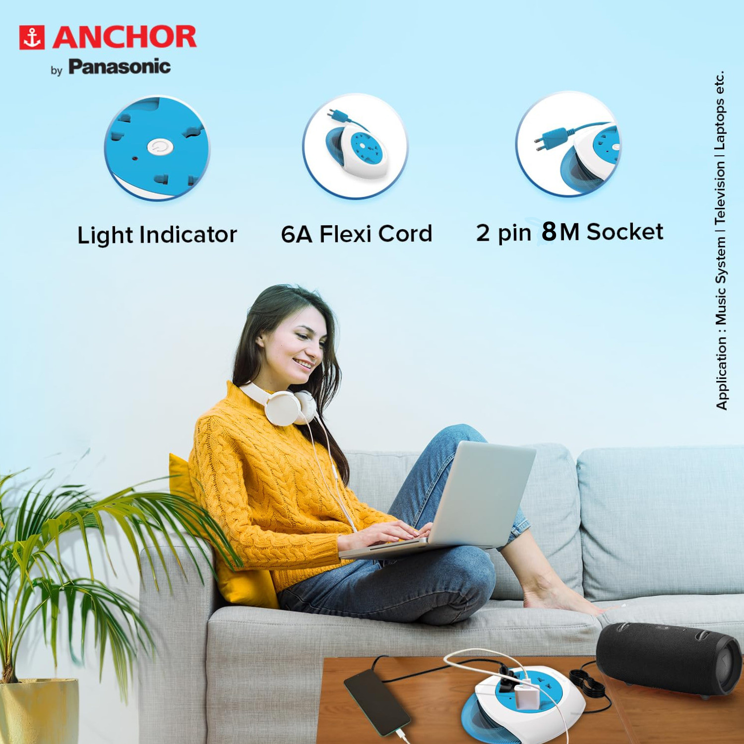 Image of ANCHOR Anchor by Panasonic 6A Flexi Cord 2 Pin 8 Mtr Universal Socket With Indicator 3 Socket Extension Boards