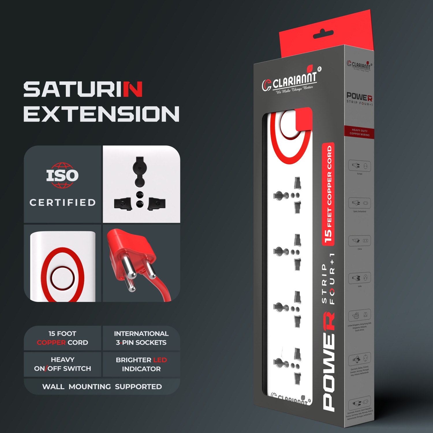 Image of CLARIANNT Saturn 15ft 4-Socket Power Strip 6 A | Thick Copper Cord, Spike Guard 4 Socket Extension Boards