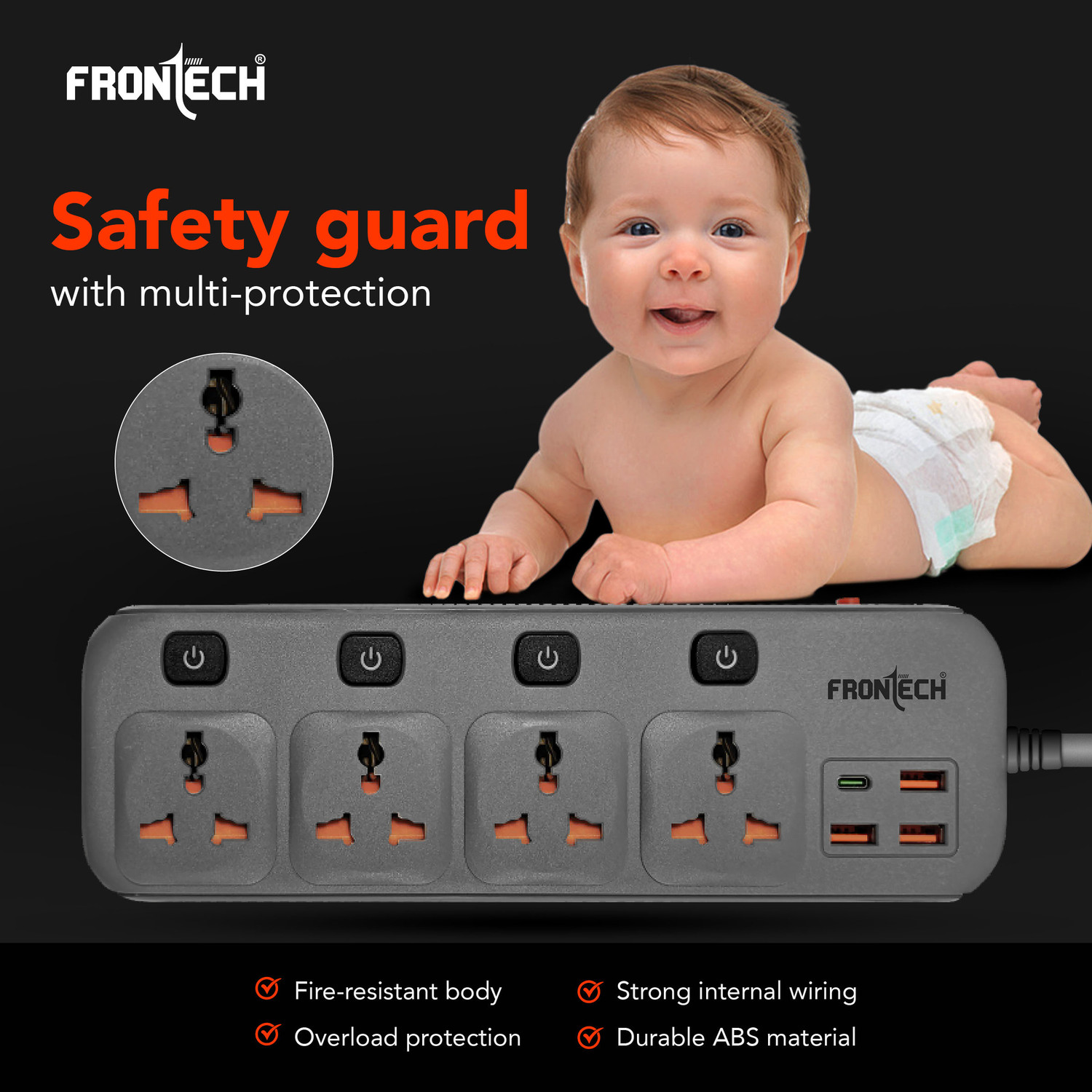 Image of Frontech Power Extension Socket | 2500W | Universal Sockets |3 USB-A + 1 USB-C Ports | 4 Socket Extension Boards