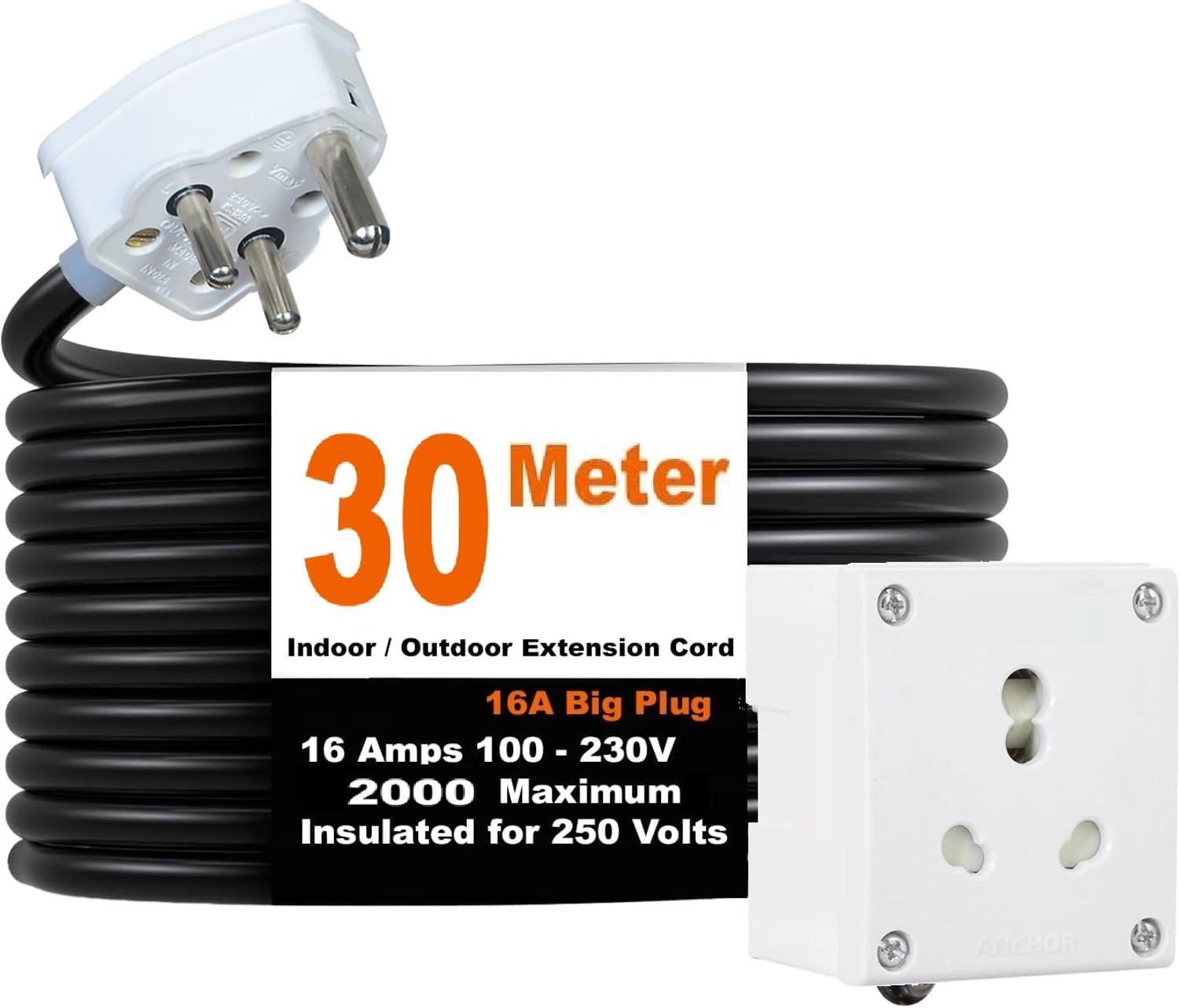 Image of JELECTRICALS Plug 16Amp Single Socket 2000 Watt 30 Meter 1 Socket Extension Boards