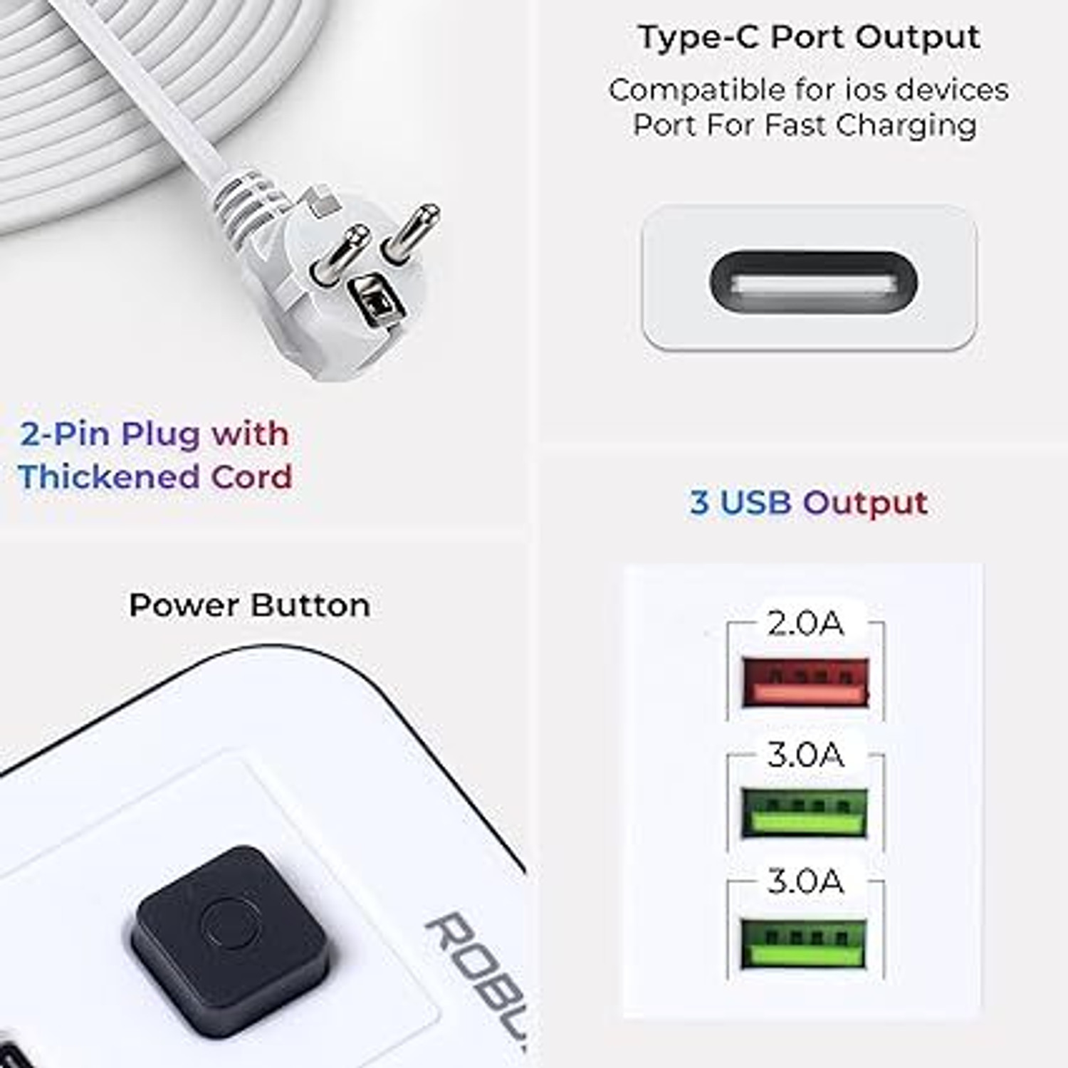 Image of Robustt 4 Outlet Extension Board with 4 USB Ports | On / Off Switch | 2500W Multi Plug 4 Socket Extension Boards