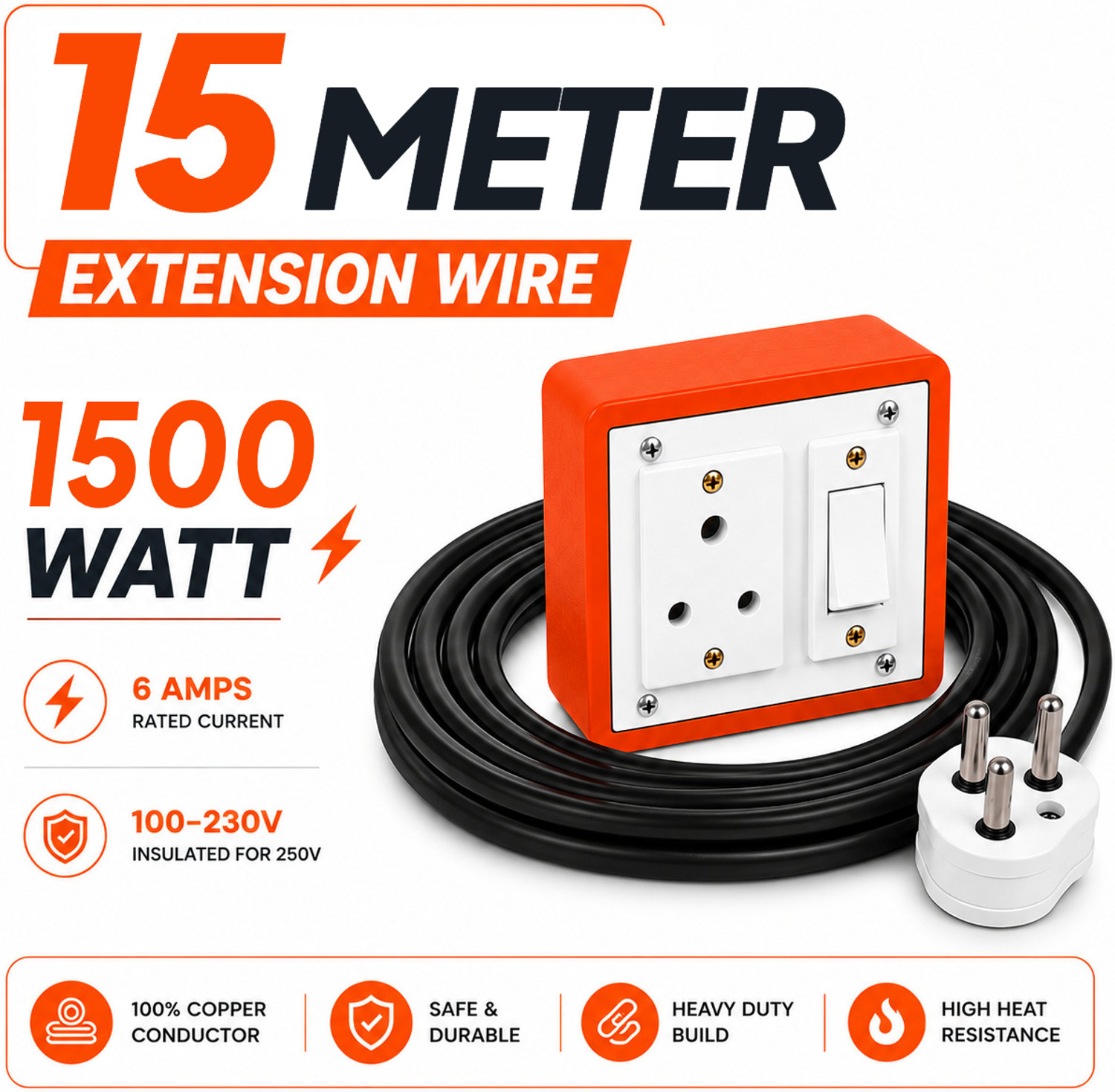 Image of Extocord Heavy Duty Extension Board One Socket One Switch 1500W 15 Meter 3 Core Cable 1 Socket Extension Boards