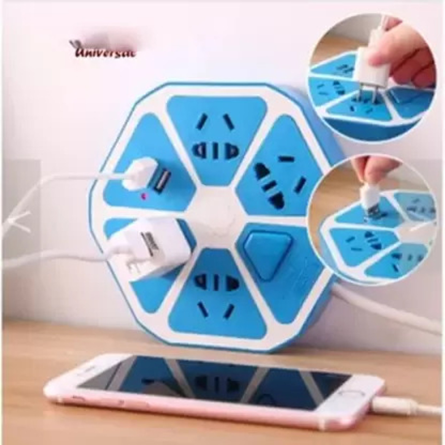 Image of FRONY Hexagon Extension Socket With 1 Meter Cable & 4 USB Ports and 4 SocketEU162 4 Socket Extension Boards