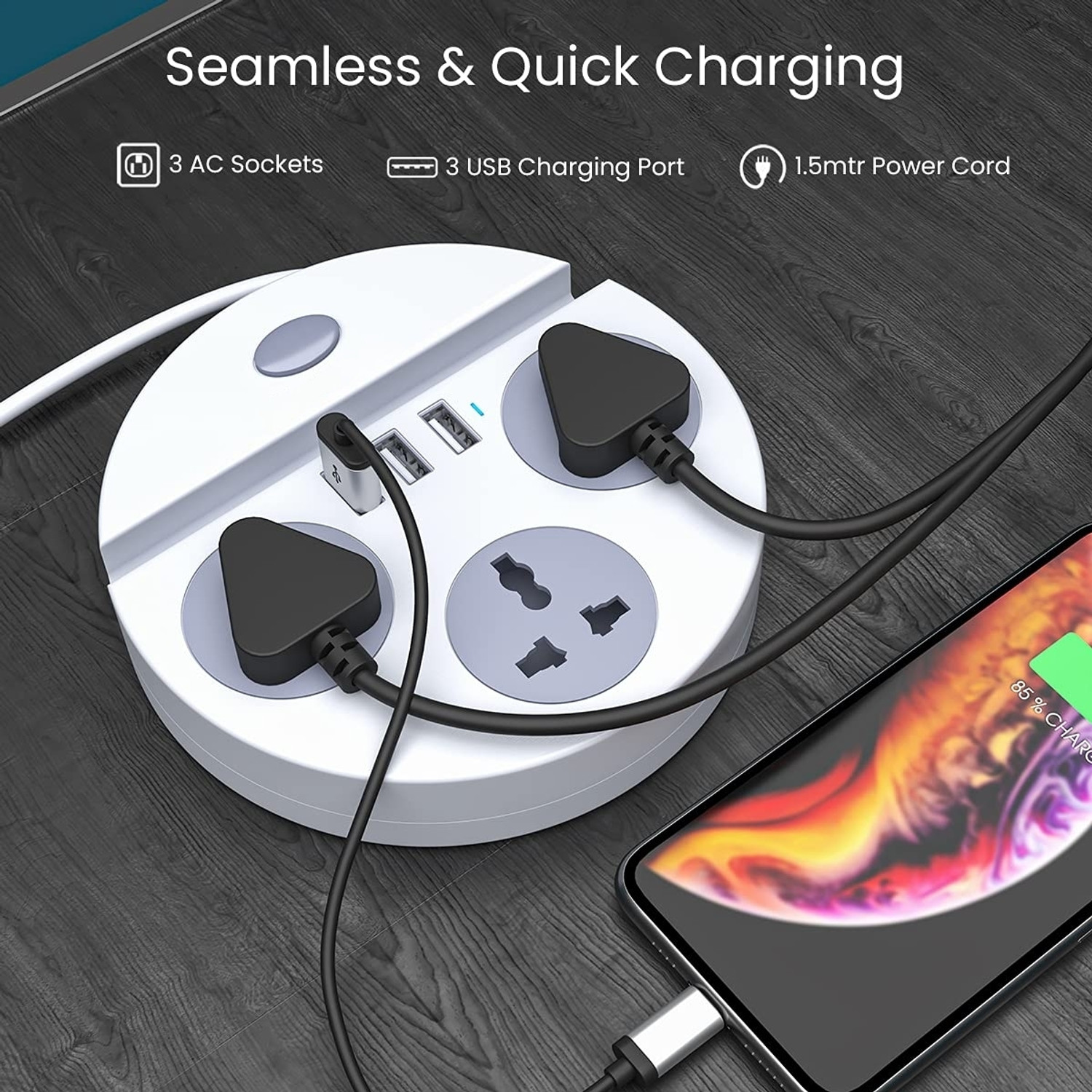 Image of DEGNO Power Plate 1500W with Mobile Holder with USB Charger 3AC Socket + 3USB Ports 6 Socket Extension Boards