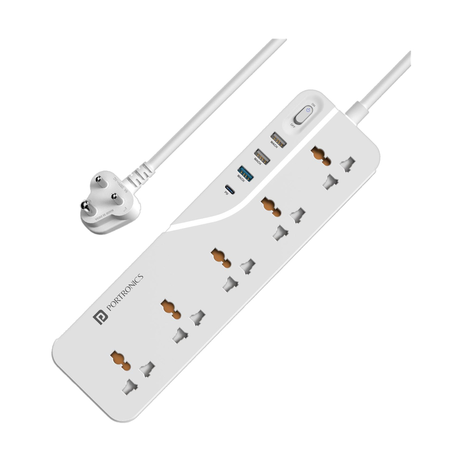 Image of Portronics Power Plate 22 Multi Plug, 5 Sockets, 20W Type-C, 3 USB Ports, 3m Cord, 5 Socket Extension Boards