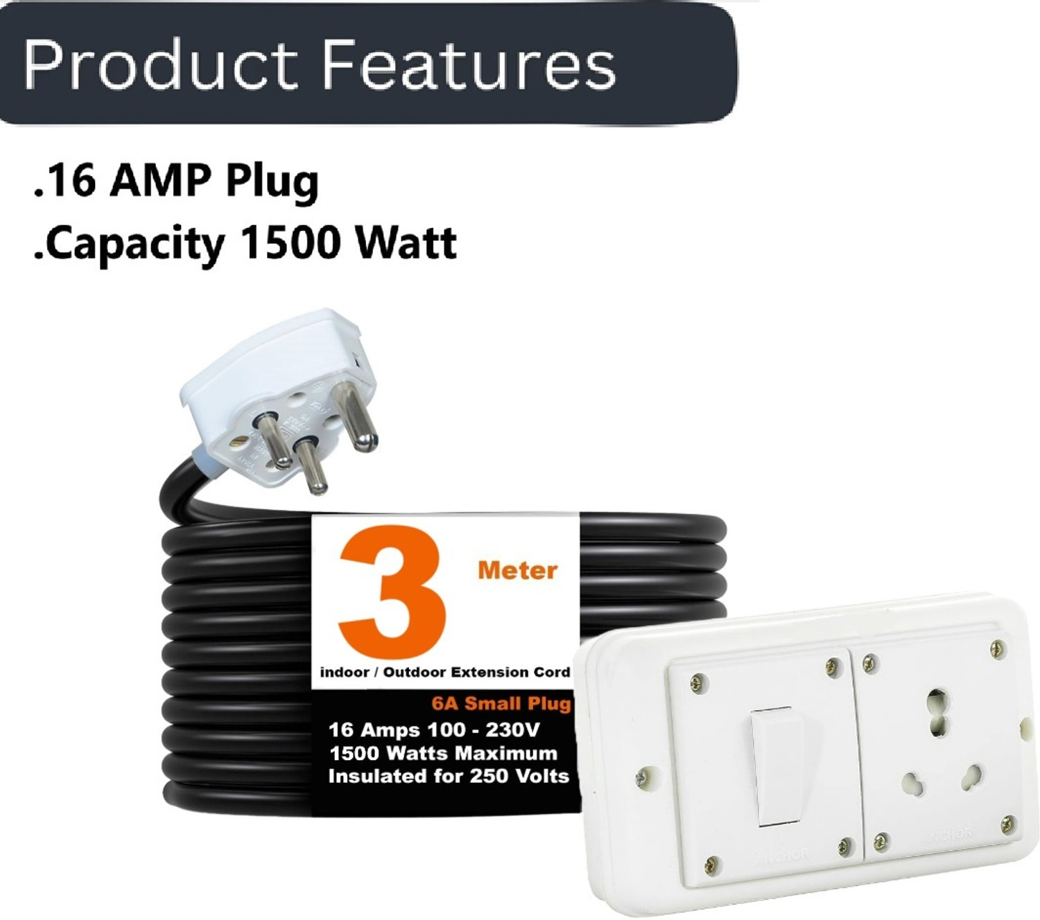 Image of JELECTRICALS Power Extension Cord 6A /16A Universal Socket, .75mm 3-Core Cable Heavy Duty 1 Socket Extension Boards