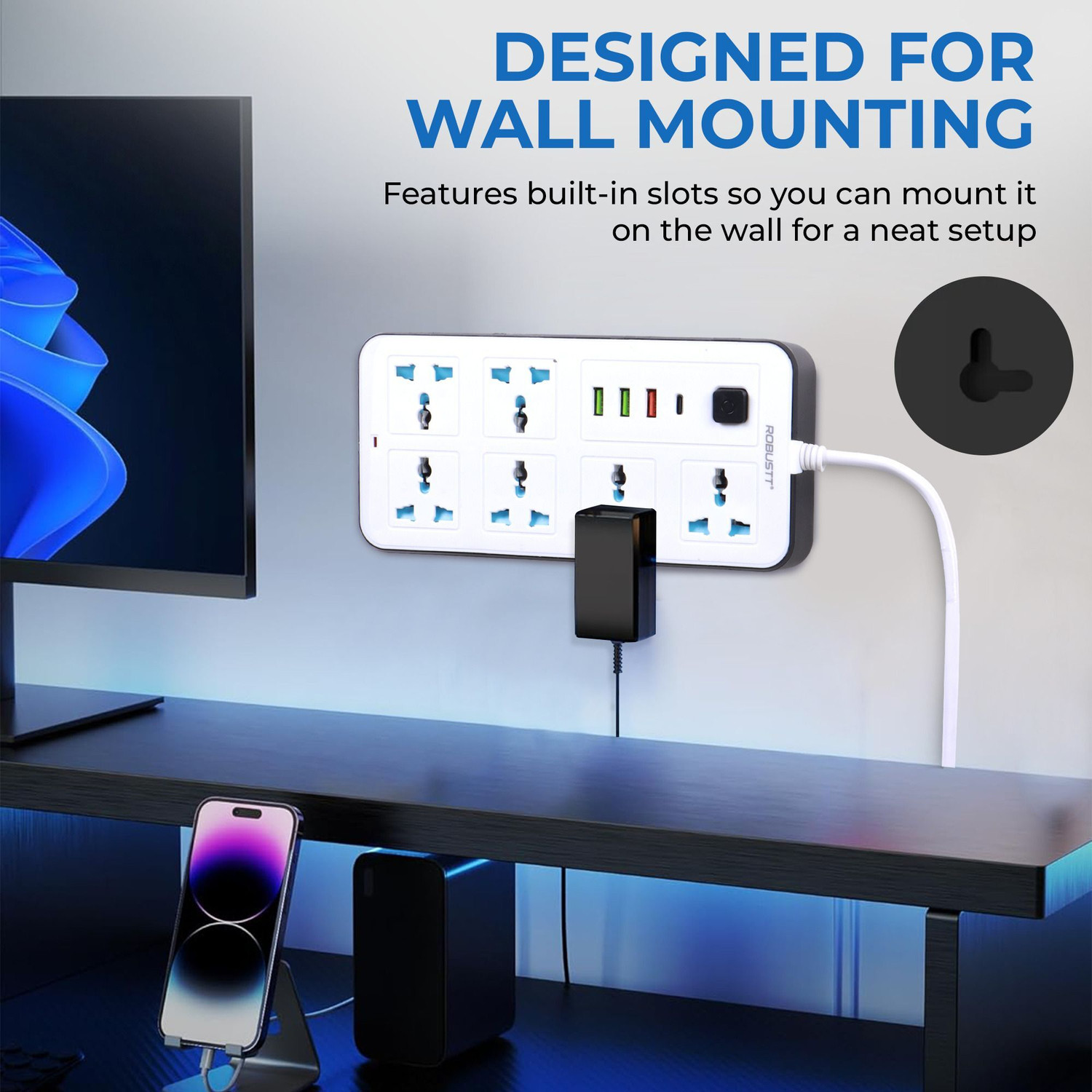 Image of Robustt 6 Outlet Extension Board with 4 USB Ports | On / Off Switch | 2500W Multi Plug 6 Socket Extension Boards