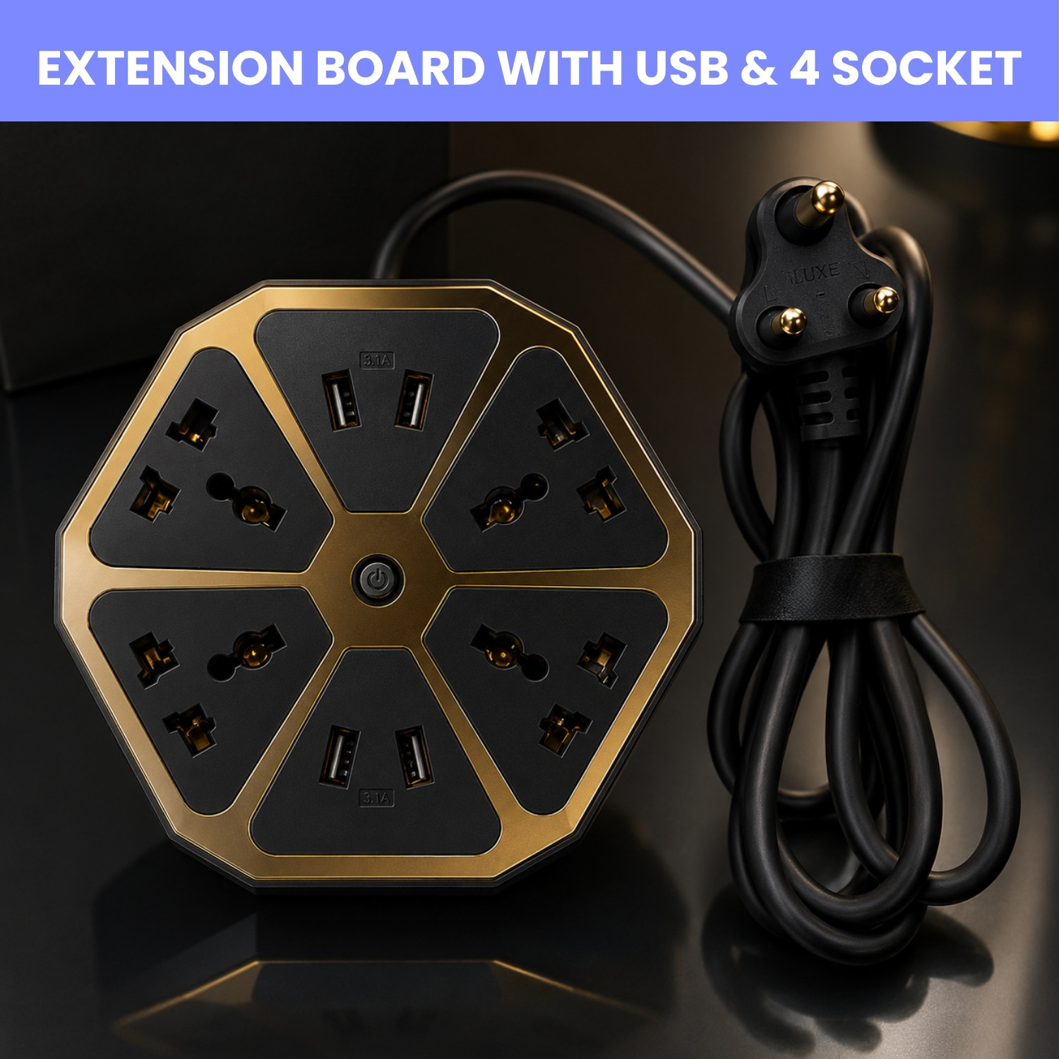 Image of FRONY Hexagon Extension Socket With 1 Meter Cable & 4 USB Ports and 4 SocketWY377 4 Socket Extension Boards