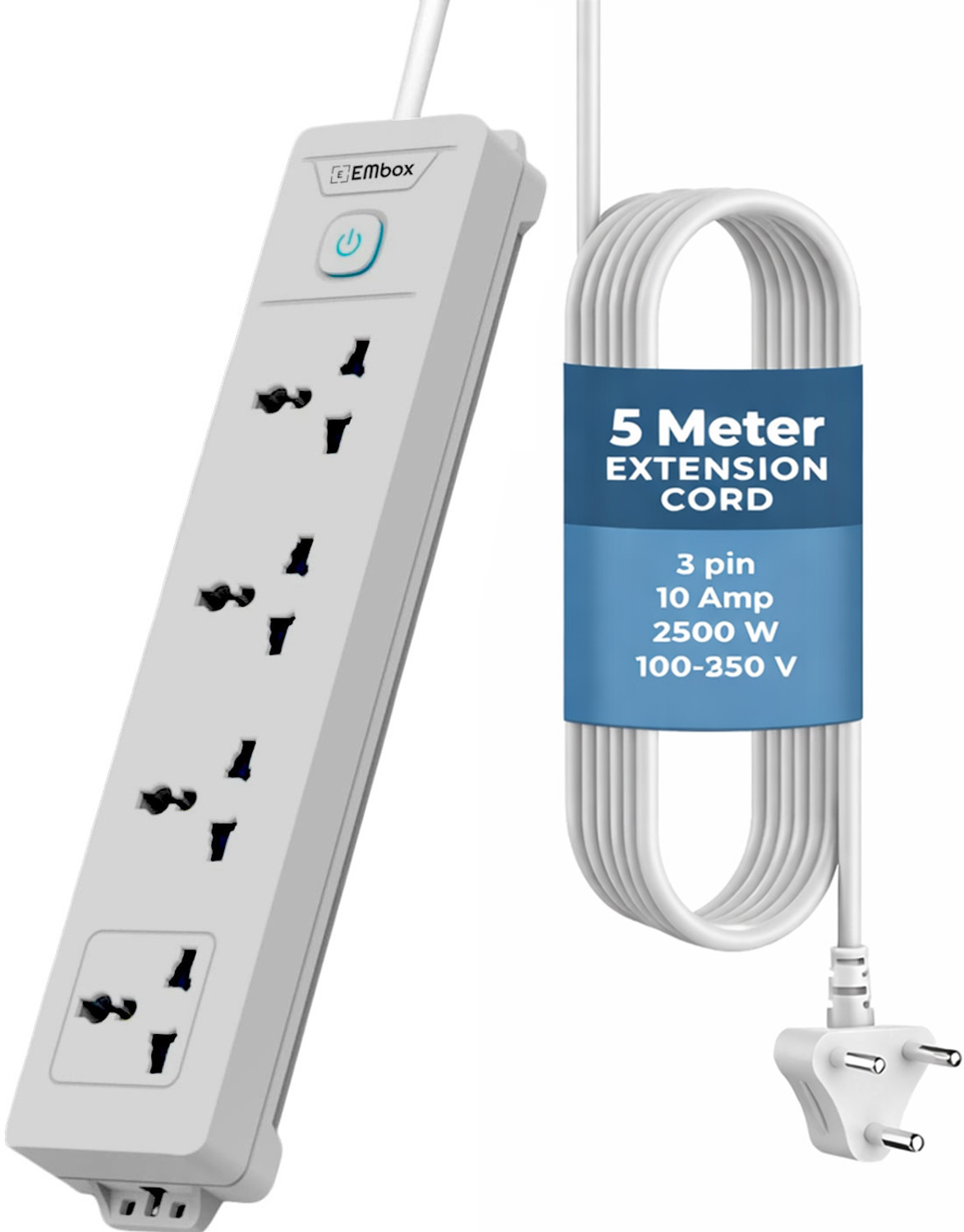 Image of EMBox Power Extension Cord 5 Meter Multi Plug 1500W Heavy Duty 4 Socket Extension Boards