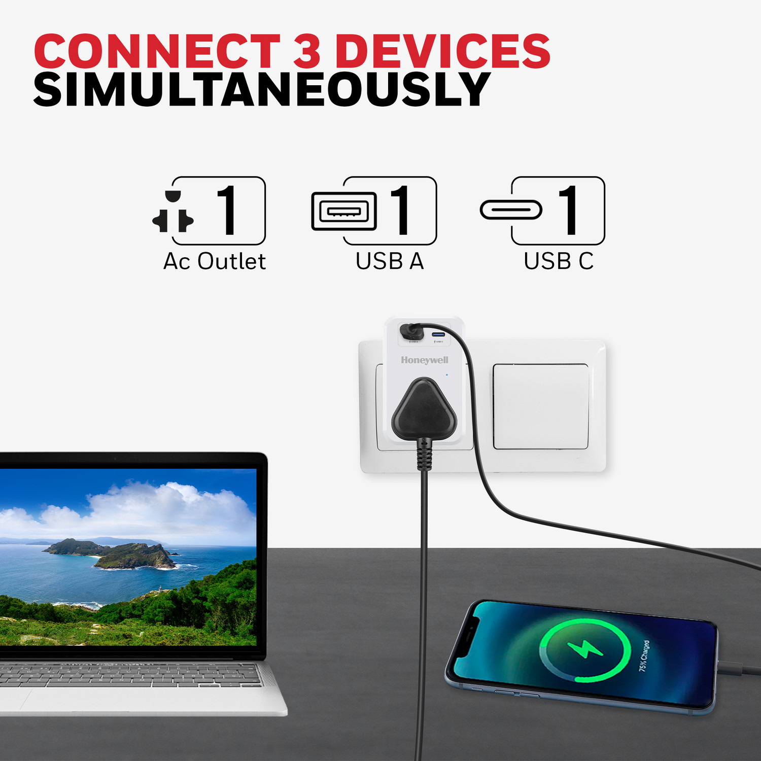 Image of Honeywell Surge Cube,with Universal Sockets, USB & PD 20w, 7,500 Amp, MOV Tech 1 Socket Extension Boards