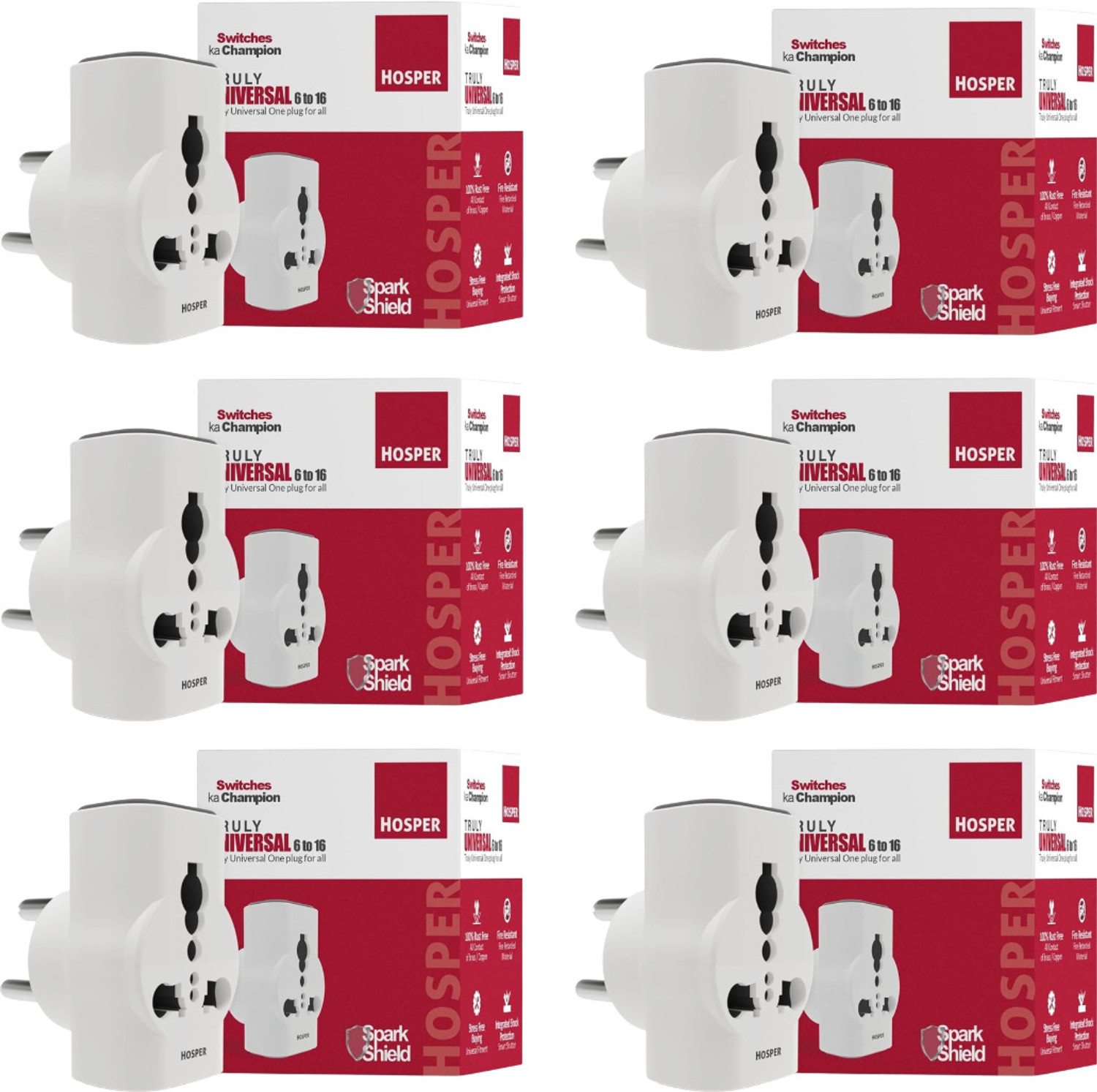 Image of Hosper 6 AMP to 16 AMP Multi Plug Adapter - Converts 6A Socket to 16A (Pack of 6) 6 Socket Extension Boards