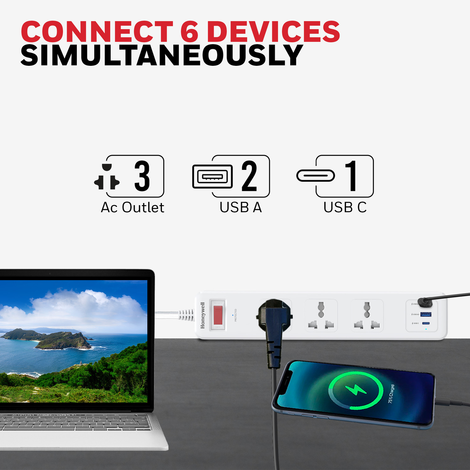 Image of Honeywell Surge Protector,with Universal Sockets, 2xUSB & PD 20w,13,500Amp 3 Socket Extension Boards
