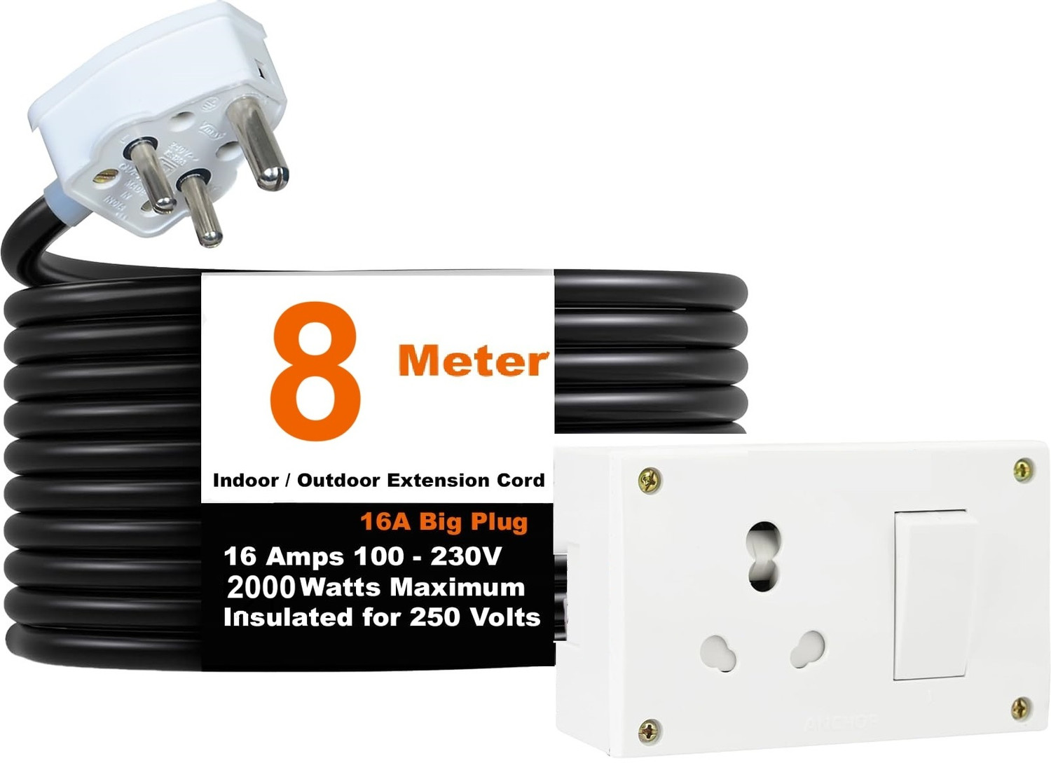 Image of JELECTRICALS Premium Extension Board For Heavy Duty (2000W) 220 Volts With 8 Meter 1 Socket Extension Boards