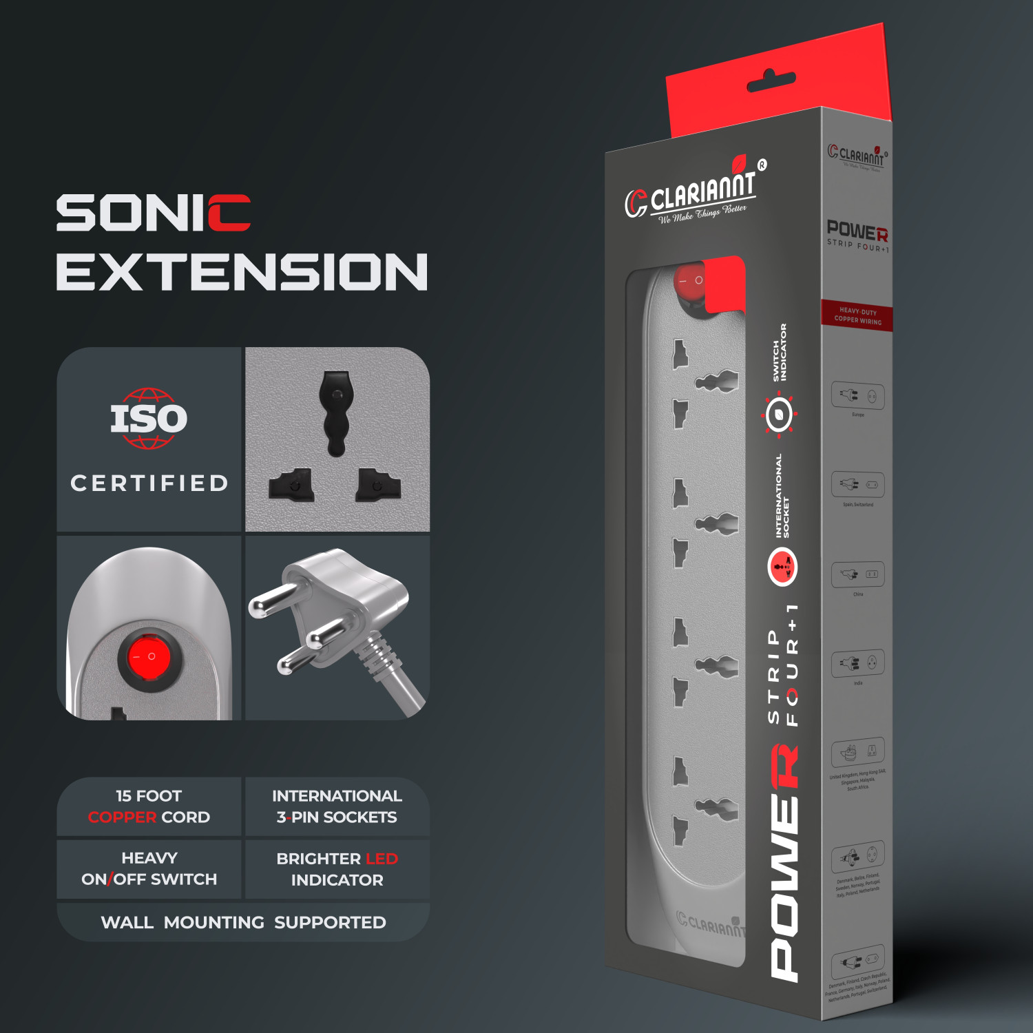 Image of CLARIANNT Sonic 15 Foot 4-Socket Extension Board - 6A 240V with Wall Hanging 4 Socket Extension Boards