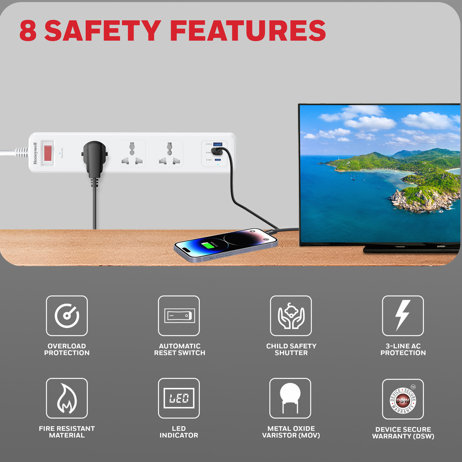 Image of Honeywell Surge Protector,with Universal Sockets, 2xUSB & PD 20w,13,500Amp 3 Socket Extension Boards