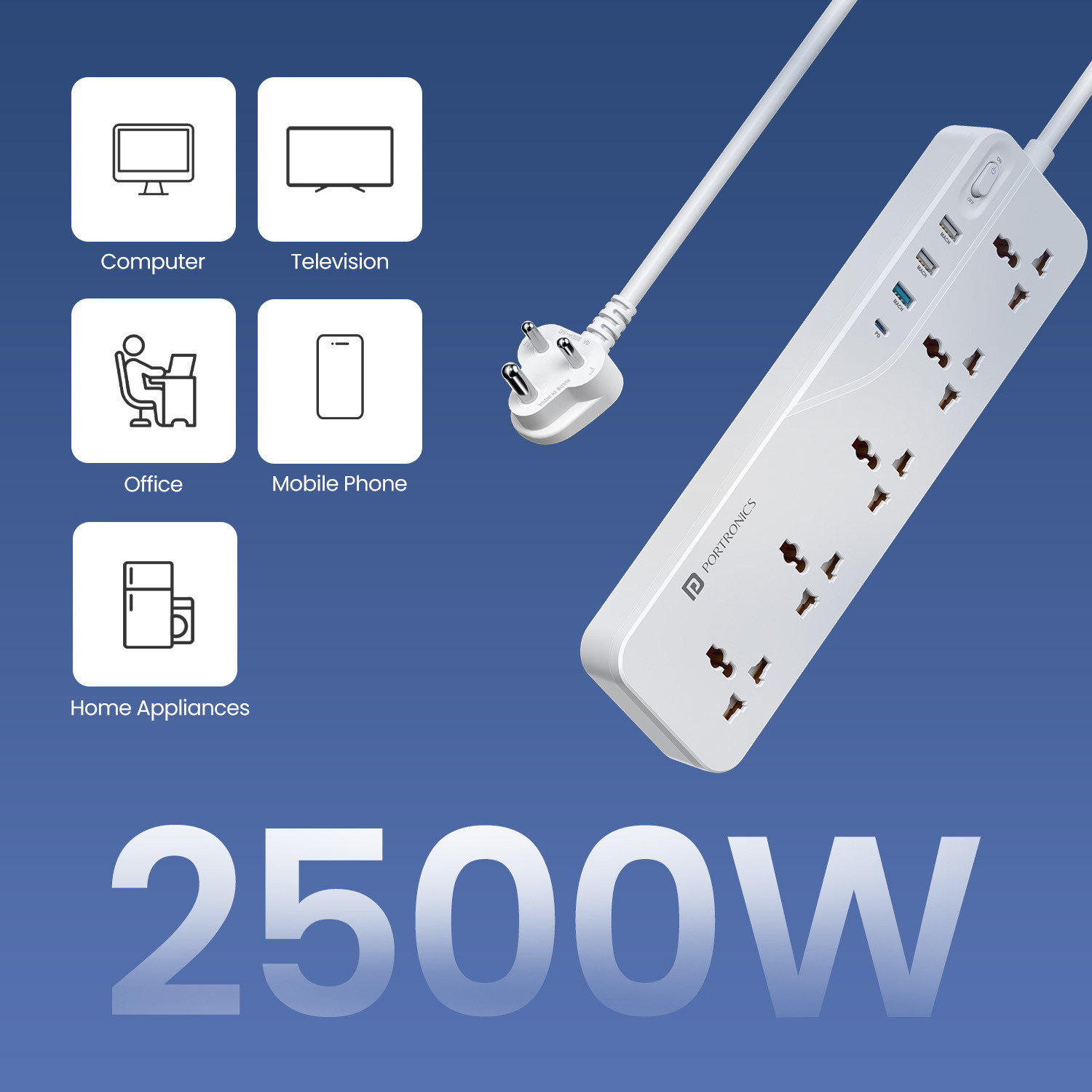 Image of Portronics Power Plate 22 Multi Plug, 5 Sockets, 20W Type-C, 3 USB Ports, 3m Cord, 5 Socket Extension Boards