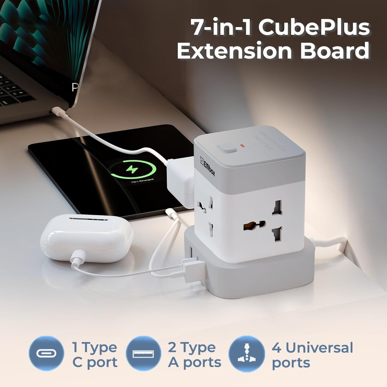 Image of EMBox Cube Power Strip 2500W, Type-C, Extension Cord 4 Socket Extension Boards