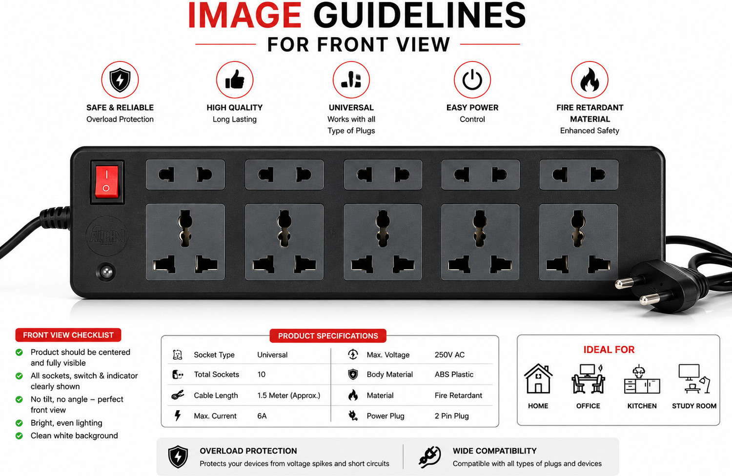 Image of Alpha groups 5+5 Socket Extension Board 10 Socket Power Strip with ON /OFF 10 Socket Extension Boards (Multicolor, 3 m)