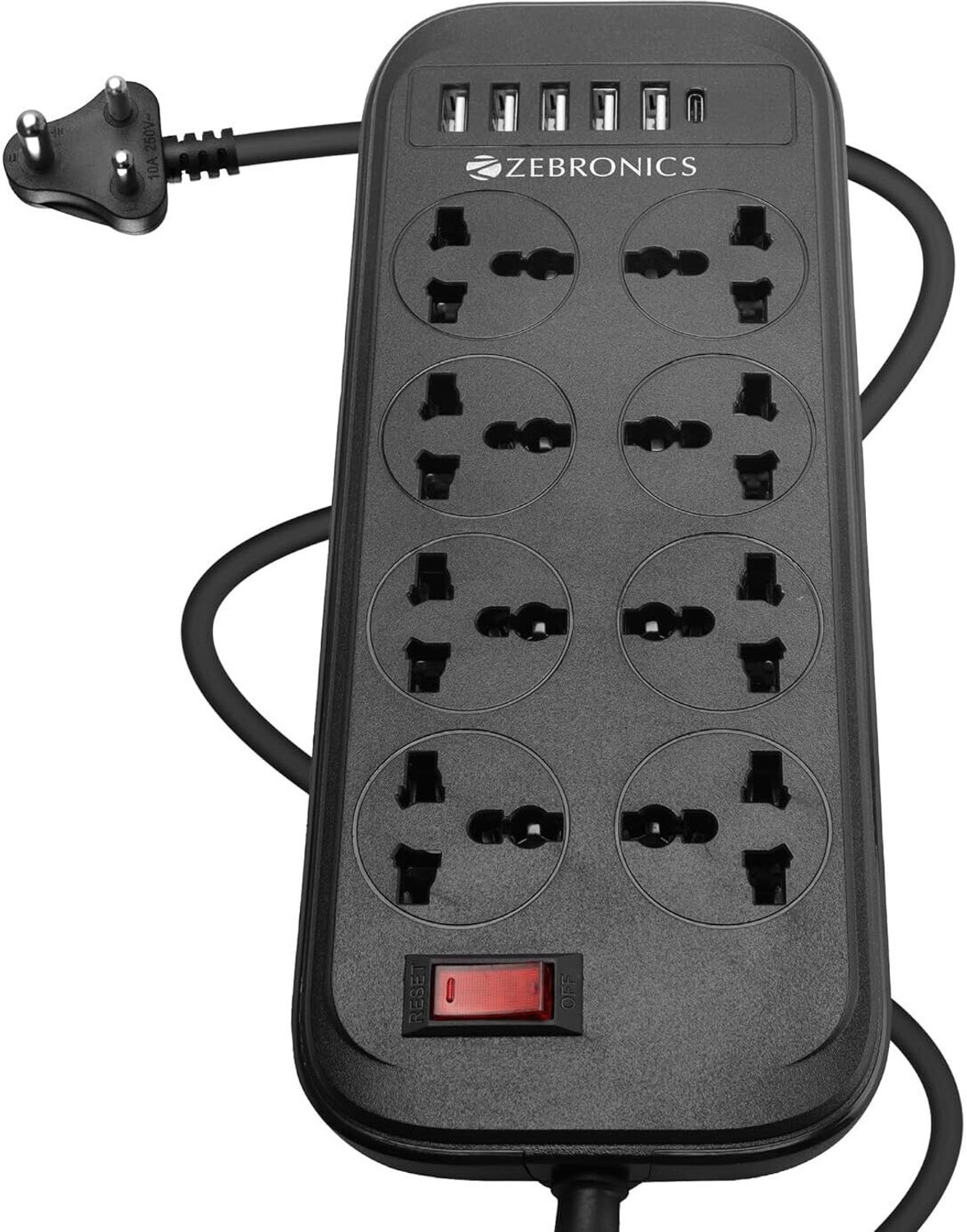 Image of ZEBRONICS Power Bar 282, 2500 W, 10 Amps, LED Indicator, 1 Type C Port, 5 USB Ports and 8 Socket Extension Boards (Black, 2 m, With USB Port)