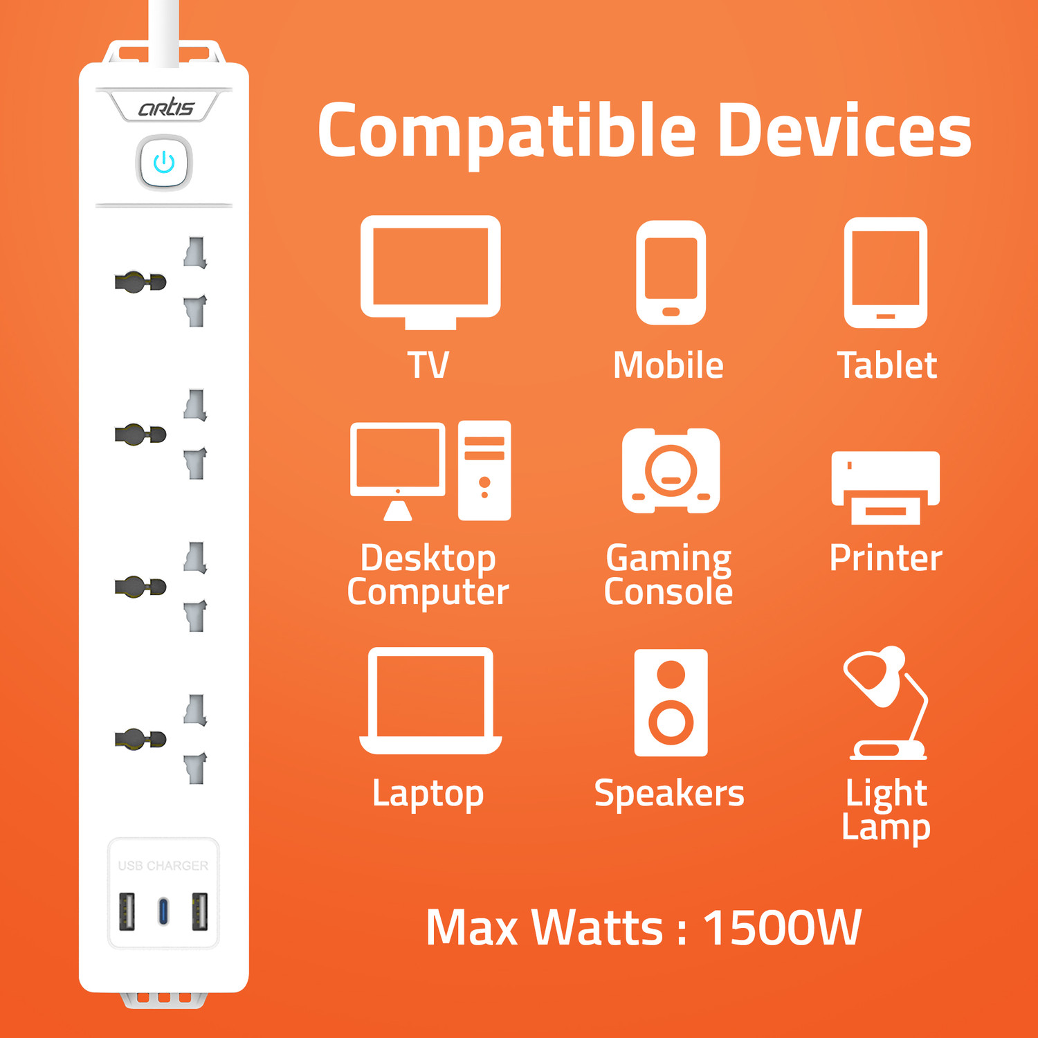 Image of artis AR-4SS-USB 4 Universal Sockets with 2 USB-A & USB-C Port with Single Switch 4 Socket Extension Boards