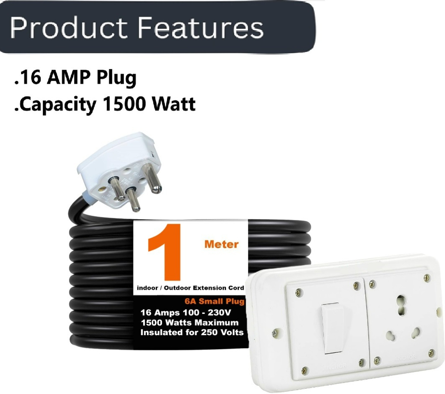 Image of JELECTRICALS Power Extension Cord 6A /16A Universal Socket, .75mm 3-Core Cable Heavy Duty 1 Socket Extension Boards