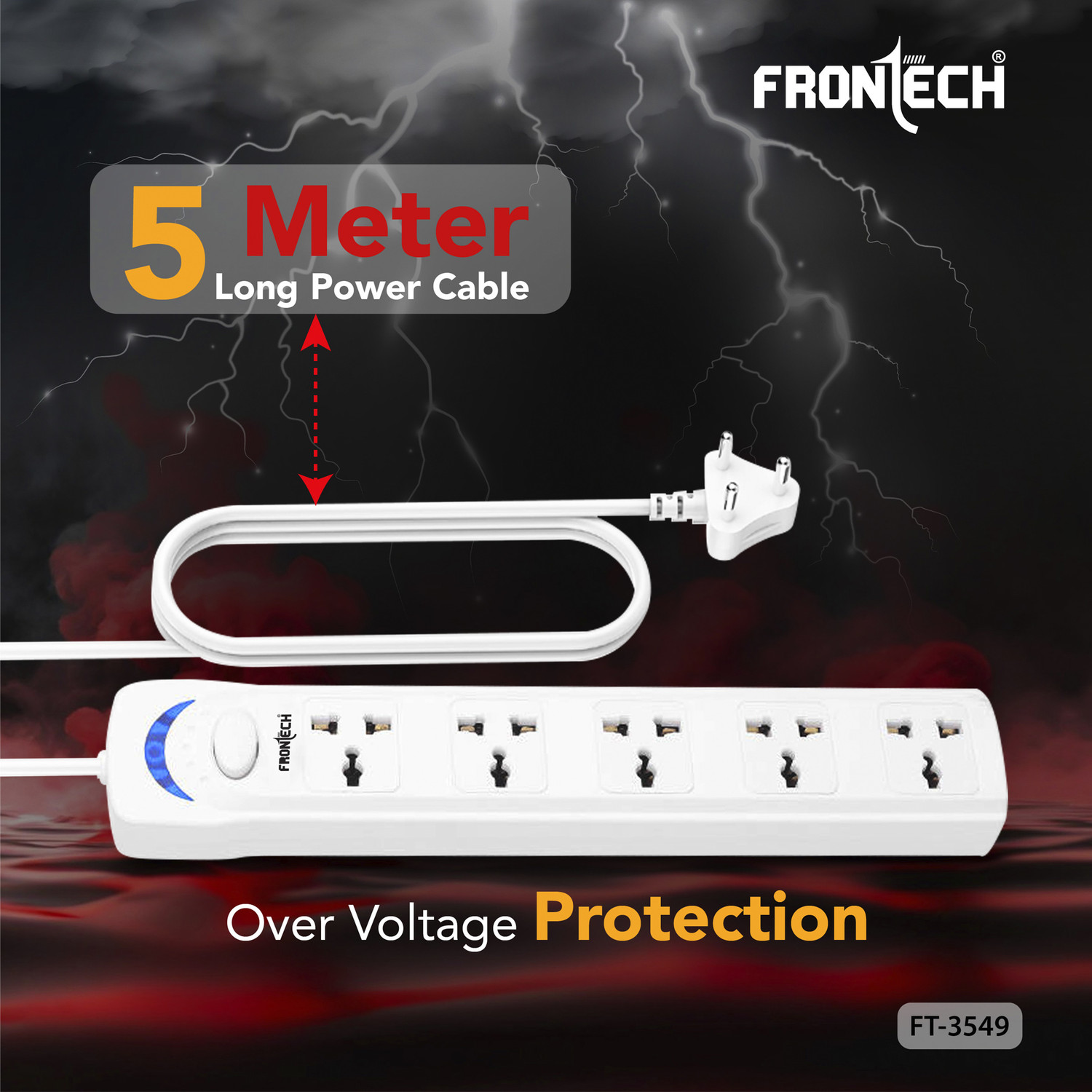 Image of Frontech 5-Outlet Power Strip with 5M Long Cable | 2500W Max Output | Wall Mount 5 Socket Extension Boards