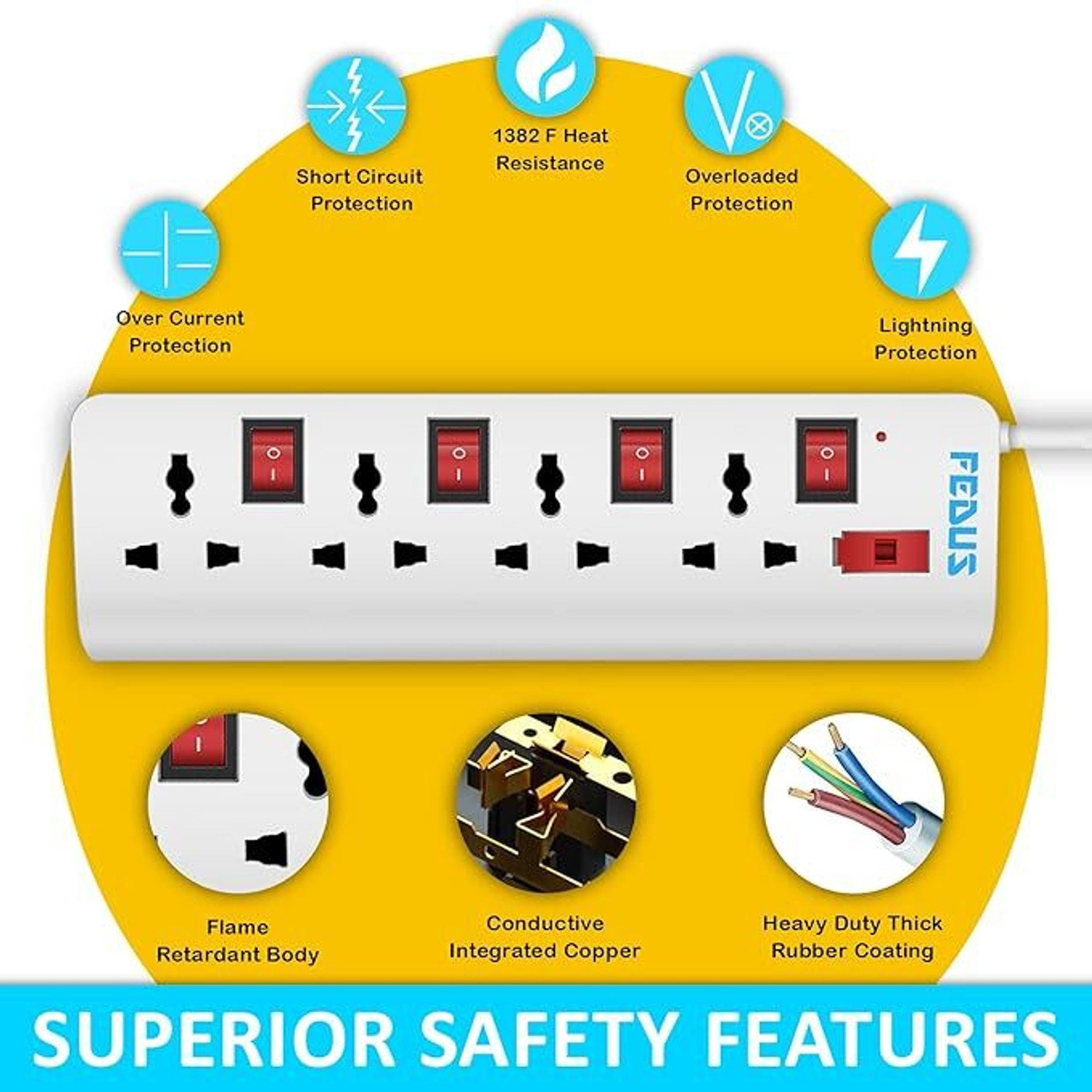 Image of Fedus Extension Boards with Switch Long Wire Surge Protectors Spike Buster 4 Socket Extension Boards