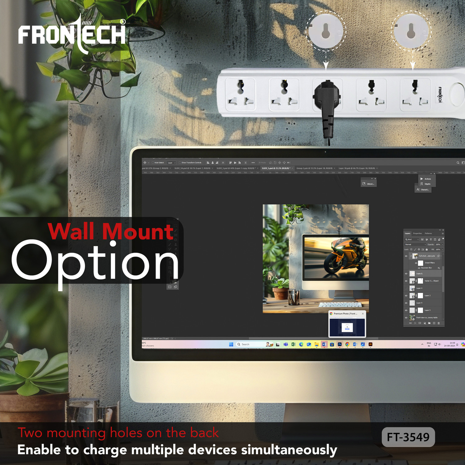 Image of Frontech 5-Outlet Power Strip with 5M Long Cable | 2500W Max Output | Wall Mount 5 Socket Extension Boards