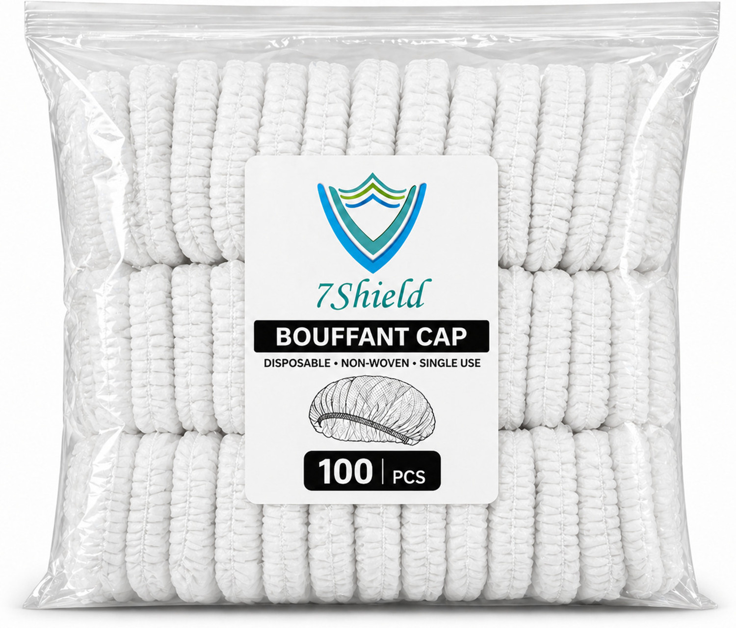 Image of 7SHIELD 100 Pieces Disposable Non Woven Bouffant (White) Surgical Head Cap