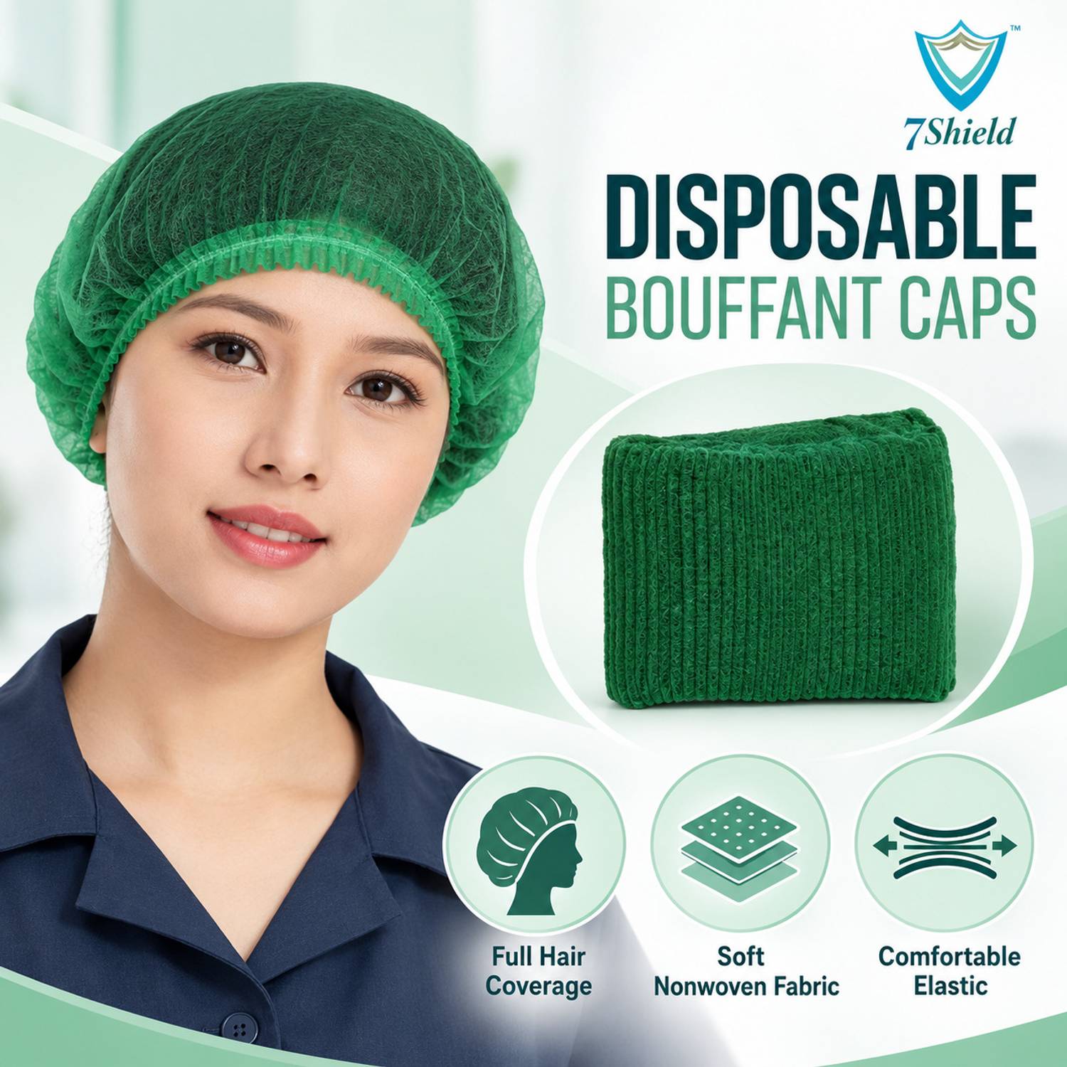 7SHIELD Bouffant Caps Hair Nets for Women Work, Food Prep, Manufacturing and Workshop Surgical Head Cap