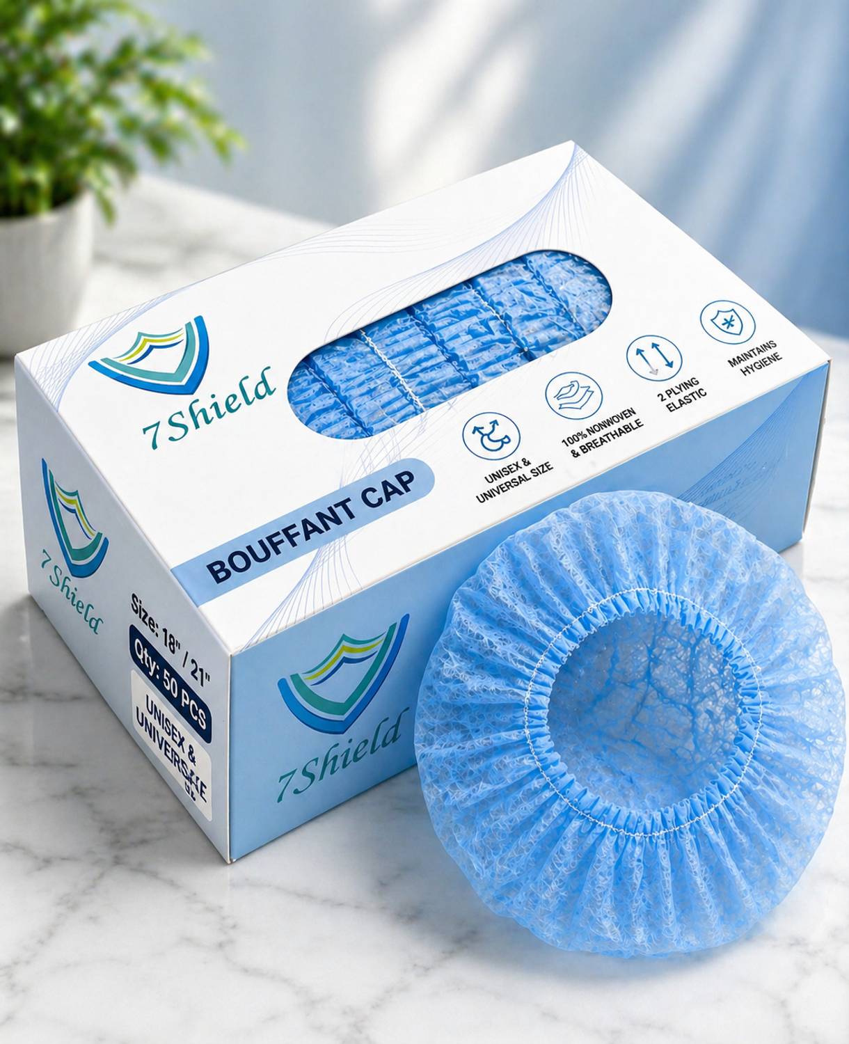 7SHIELD Blue 50pcs Breathable Nonwoven Bouffant Caps IMedical Cap I Hair Net Cape ISalon Surgical Head Cap