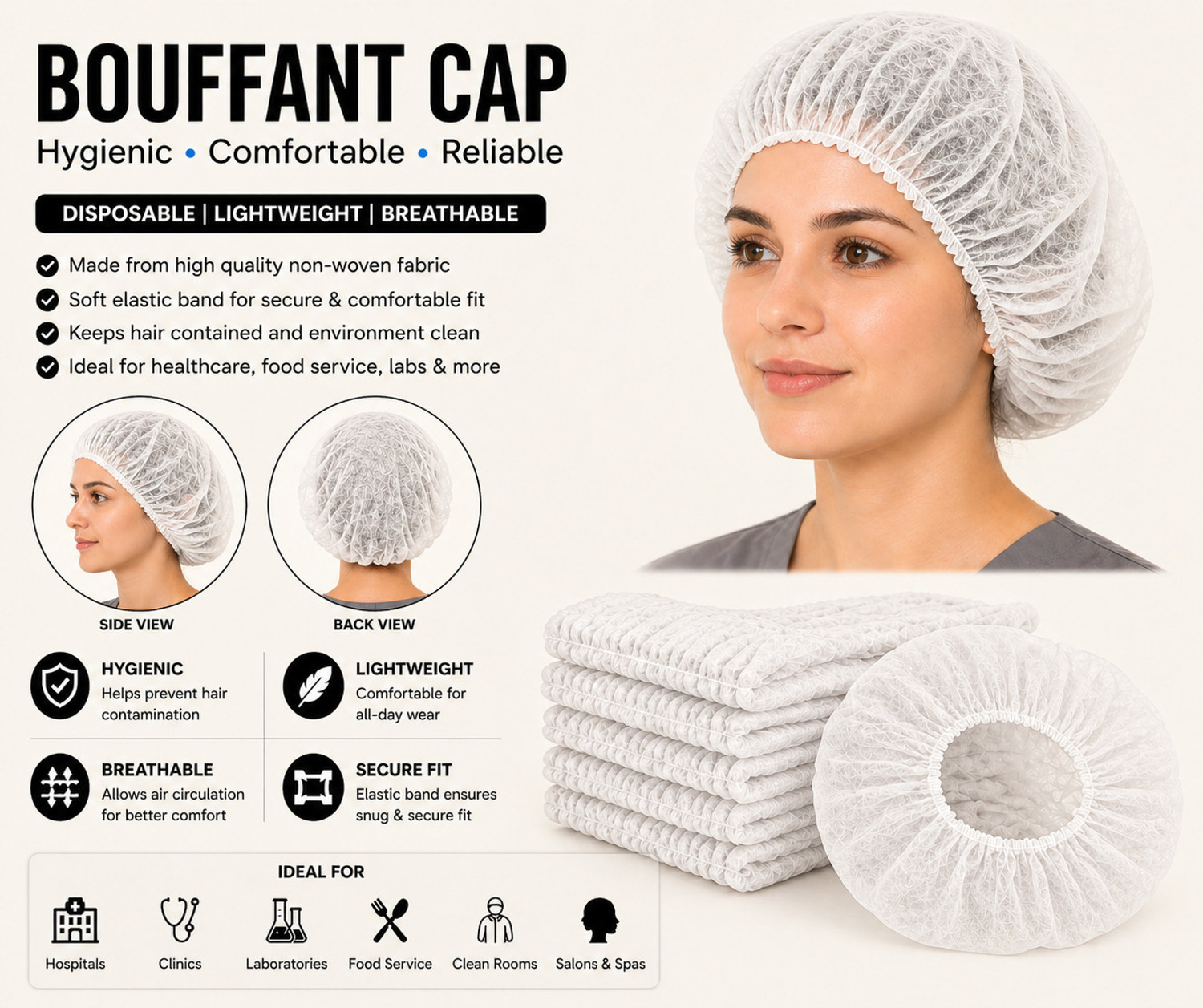 Image of 7SHIELD 100 Pieces Disposable Non Woven Bouffant (White) Surgical Head Cap