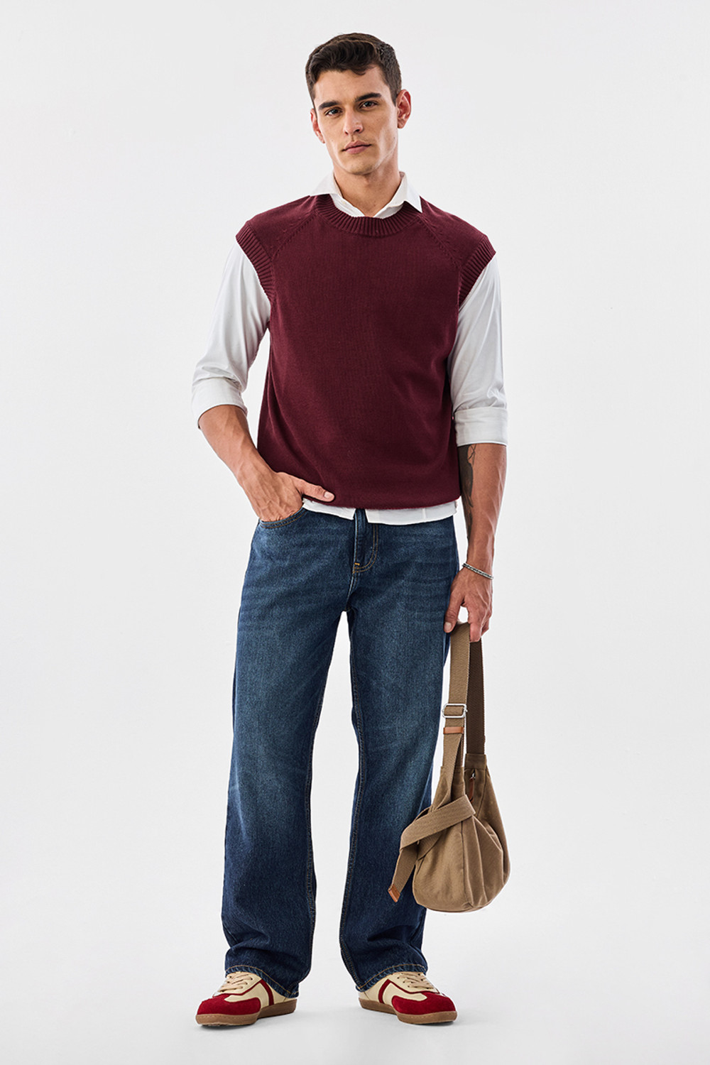 Image of Snitch Men Solid Crew Neck Maroon Sweater