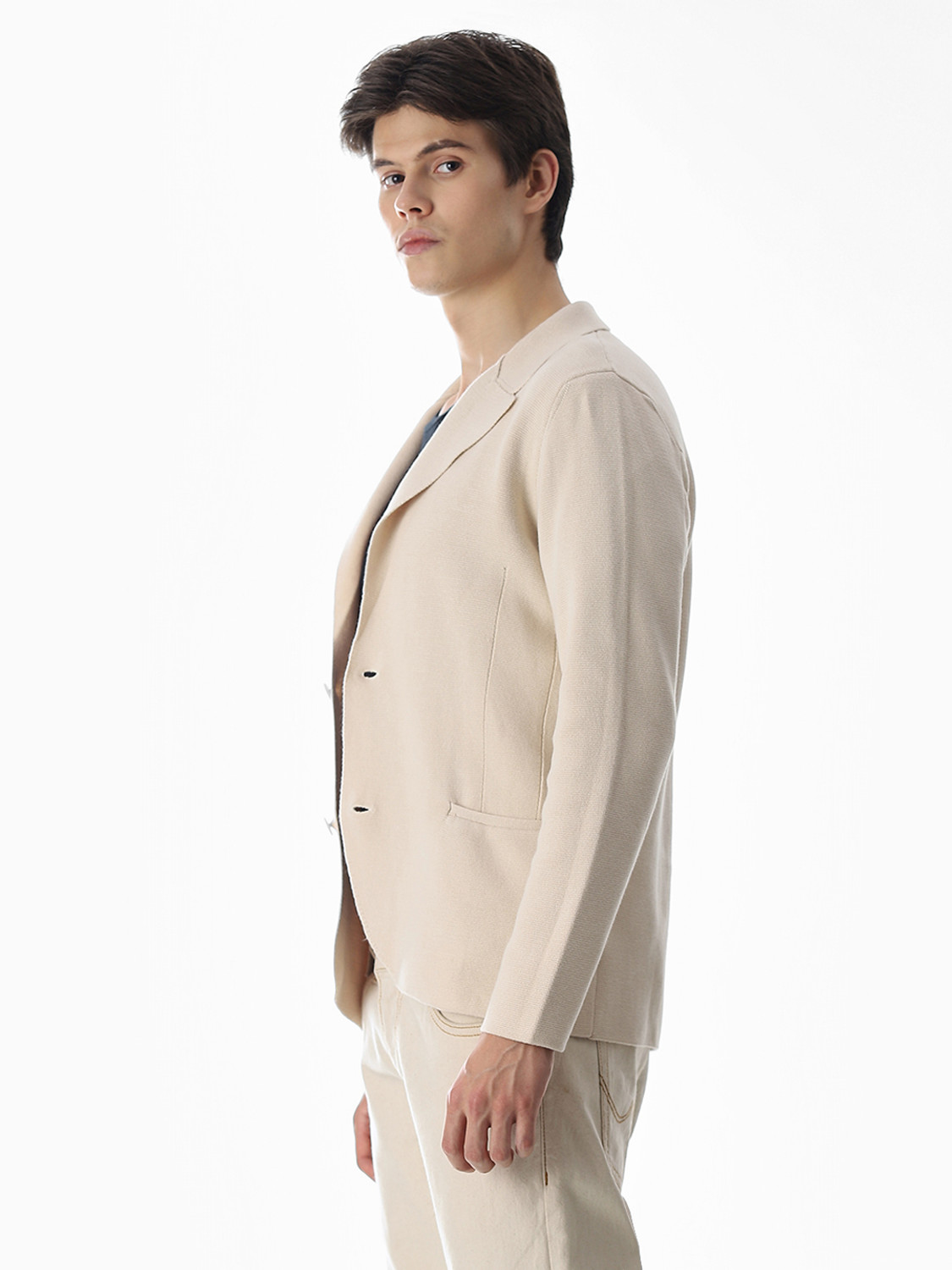 Image of JACK & JONES Solid Collared Neck Casual Men Beige Sweater