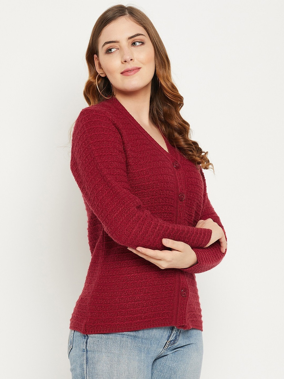 Image of Zigo Self Design V Neck Casual Women Maroon Sweater