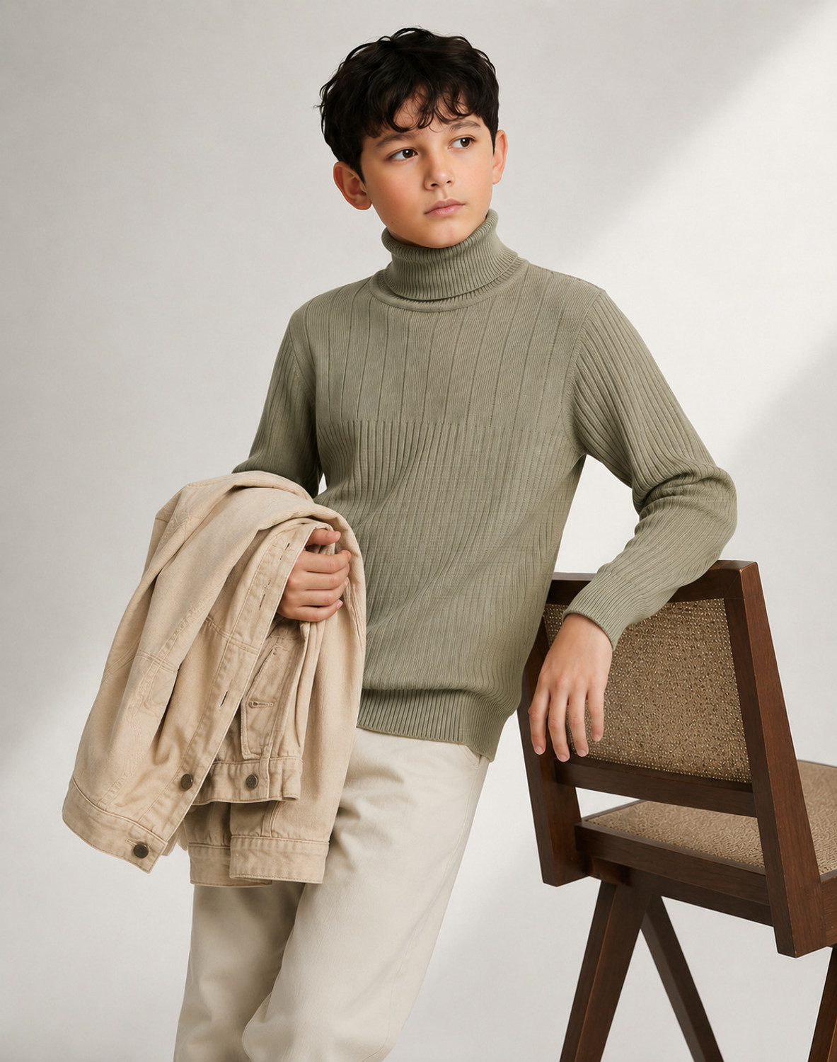 Image of Clothify Self Design Turtle Neck Casual Boys Light Green Sweater