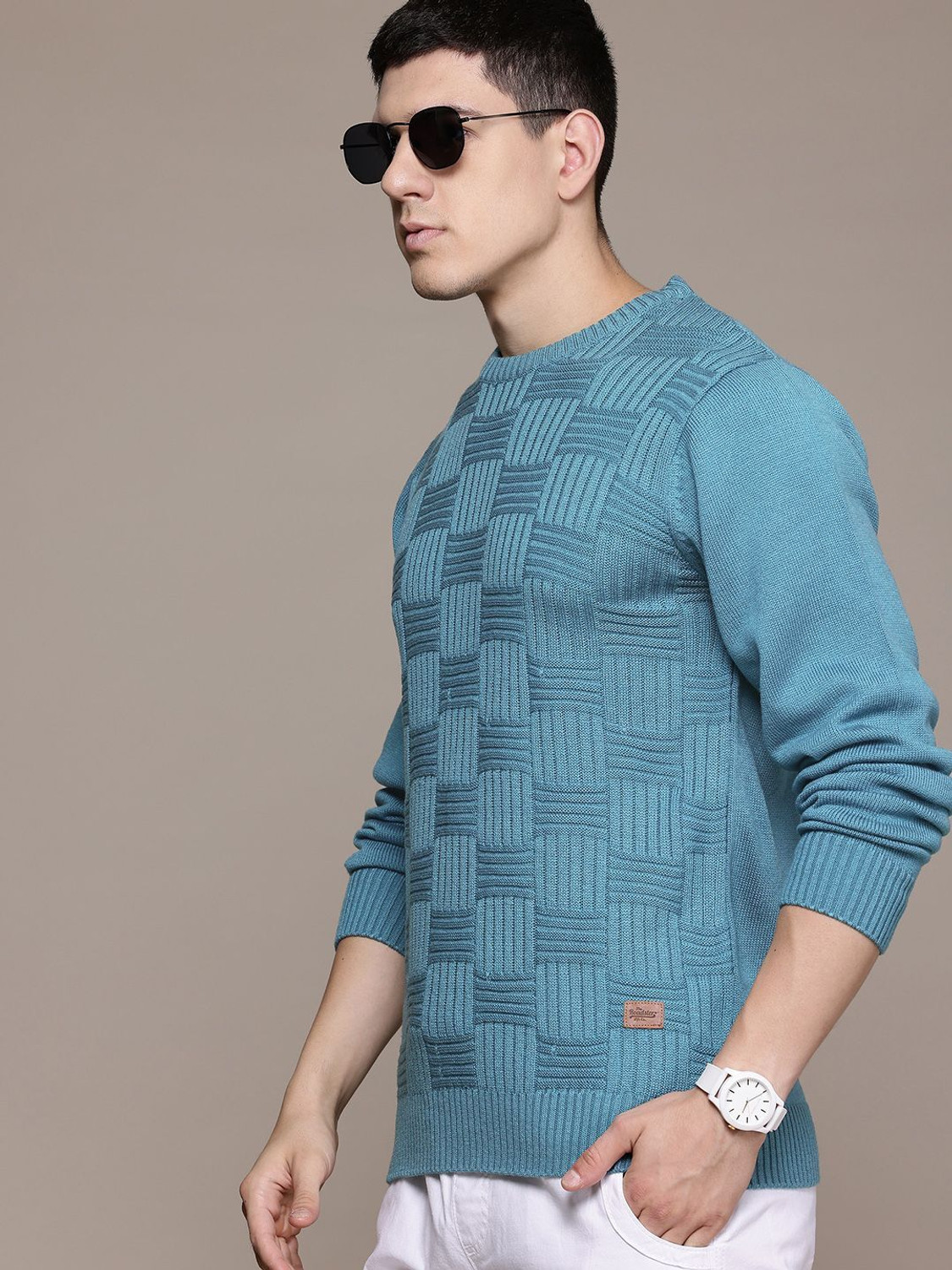 Image of Roadster Self Design Round Neck Casual Men Green Sweater