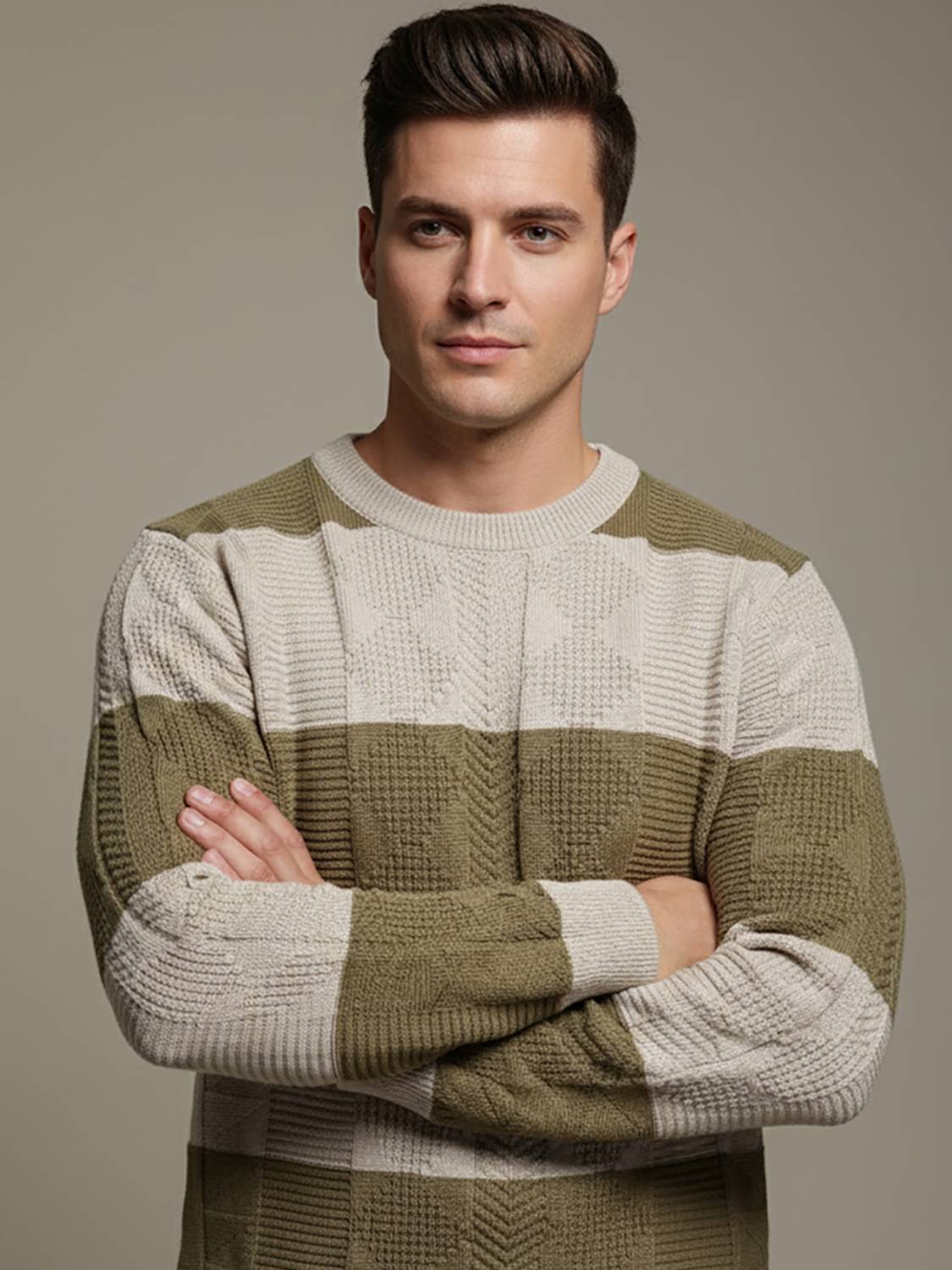 AIN6 Self Design Round Neck Casual Men Brown Sweater
