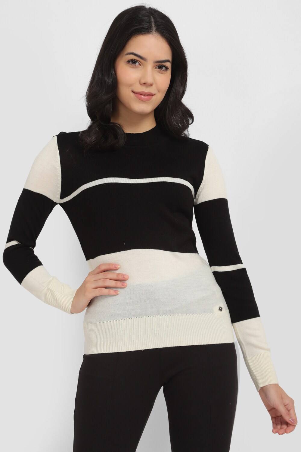Allen Solly Colorblock Round Neck Casual Women Black Sweater