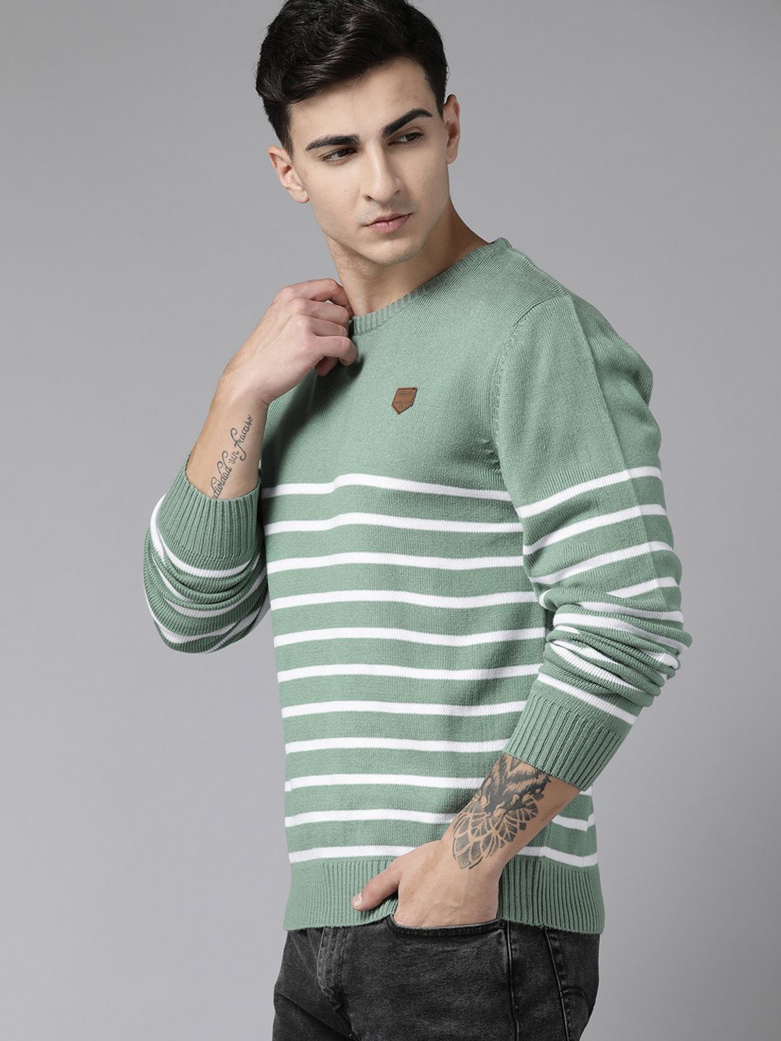 Image of Roadster Men Striped Round Neck Green Sweater