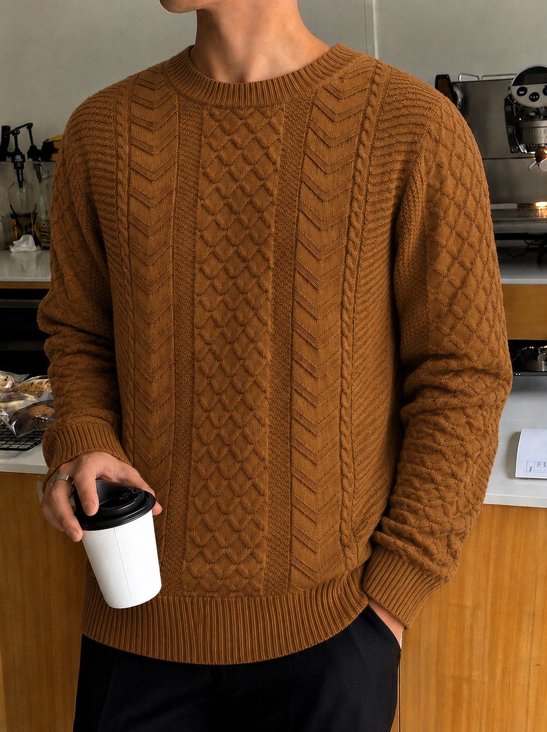 Image of WOMENPRIDE Self Design Round Neck Casual Men Brown Sweater