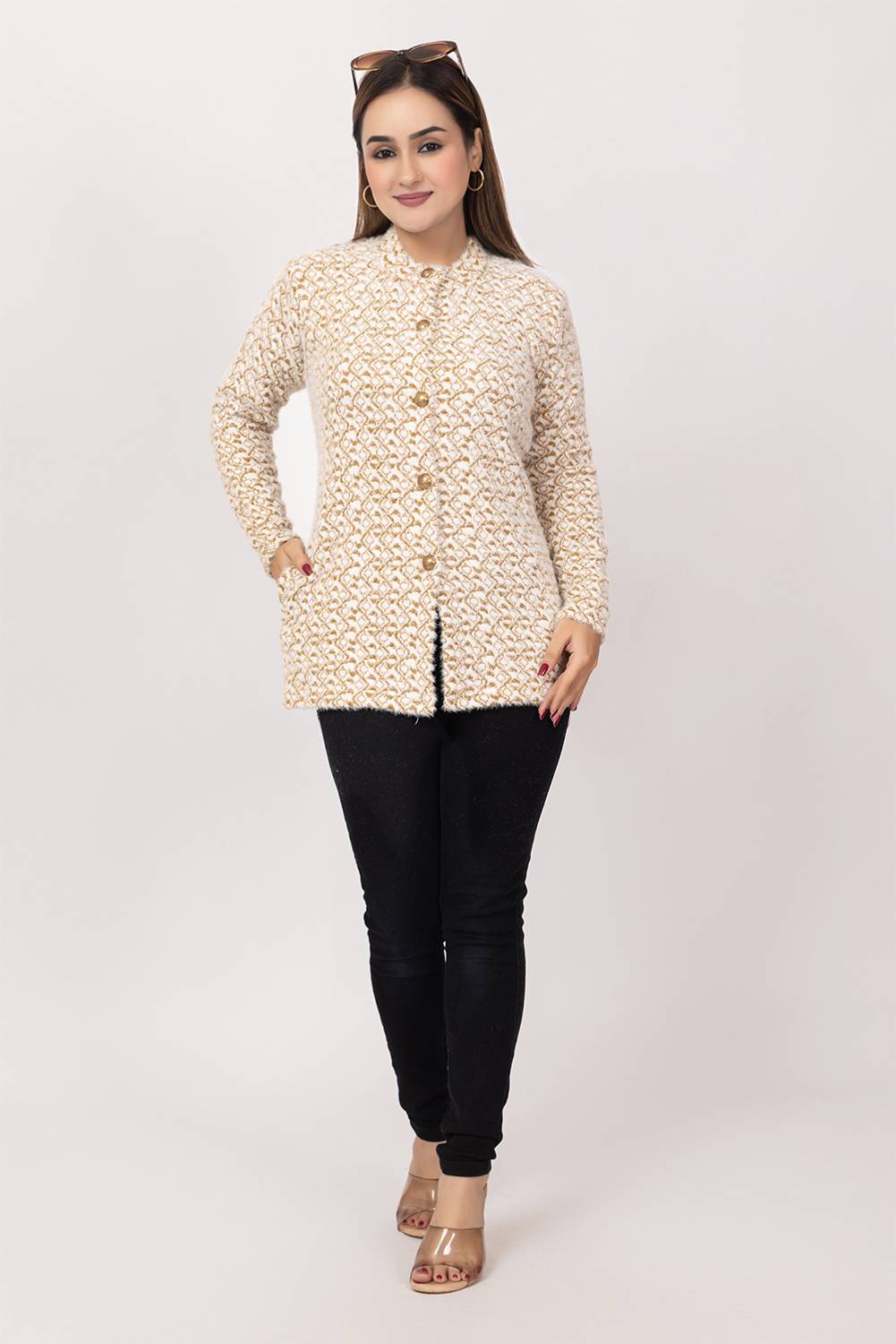 Aphrodite Polka Print Mandarin Neck Casual Women Gold Sweater