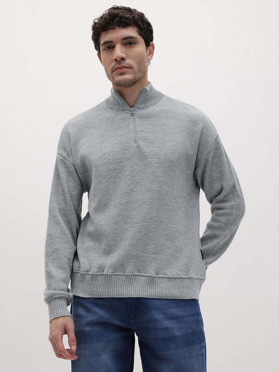 Image of Roadster Men Self Design Collared Neck Grey Sweater