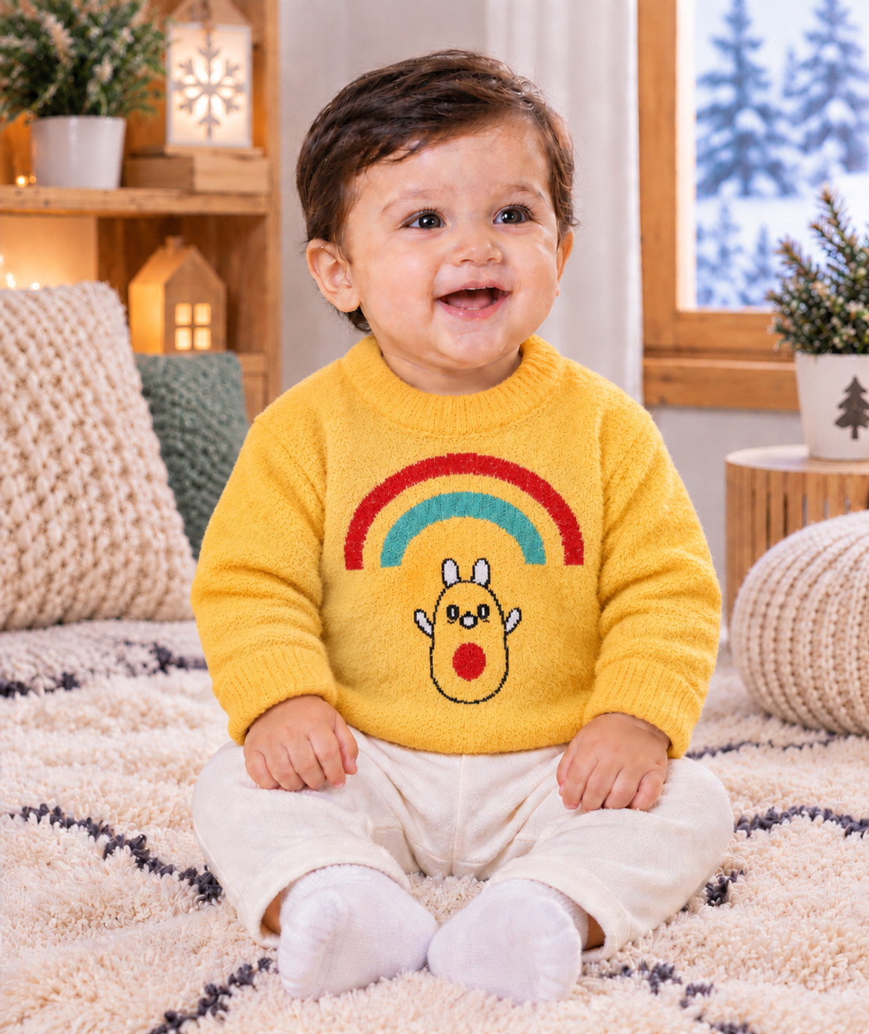 Image of Fit N Fame Baby Boys Self Design Round Neck Yellow Sweater