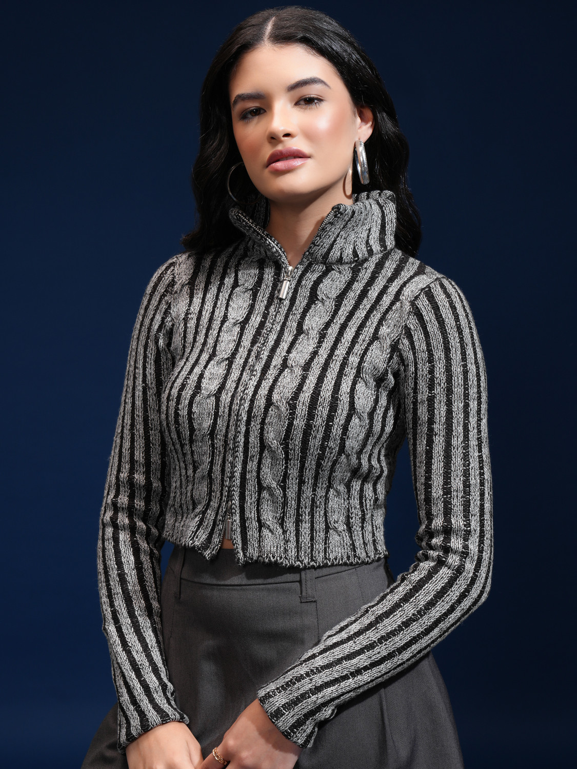 Image of Tokyo Talkies Self Design High Neck Casual Women Grey, Black Sweater