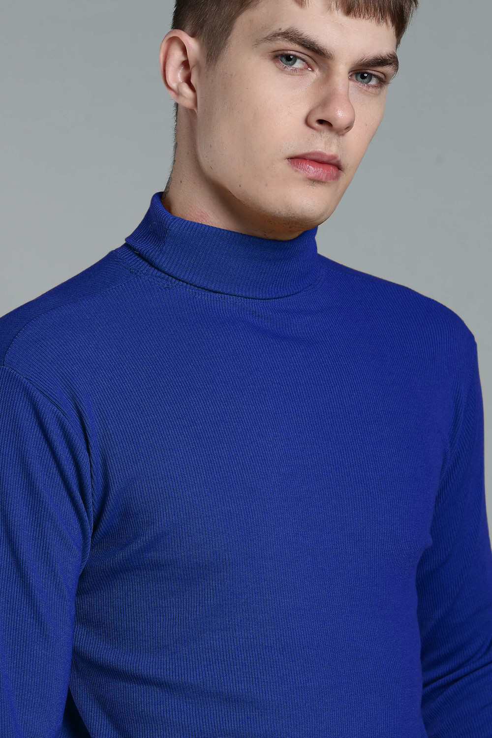 Image of Jalapeno Solid High Neck Casual Men Blue Sweater