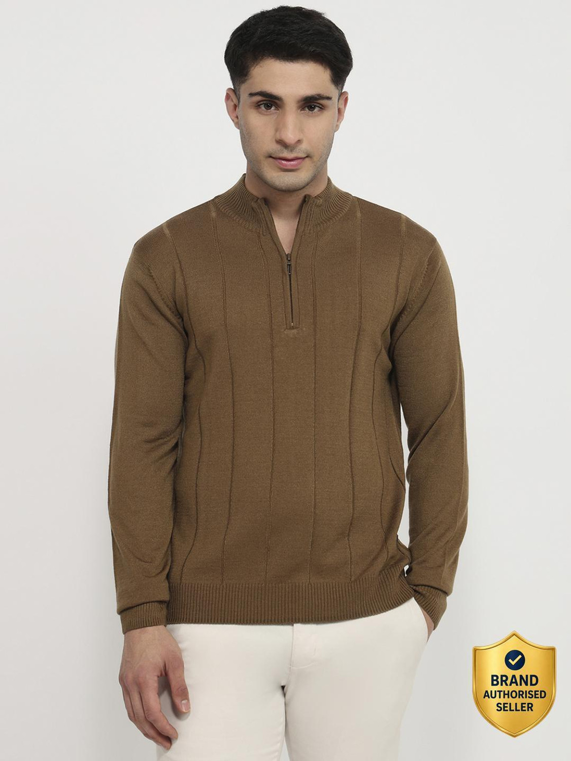 Image of Raymond Solid Collared Neck Casual Men Beige Sweater