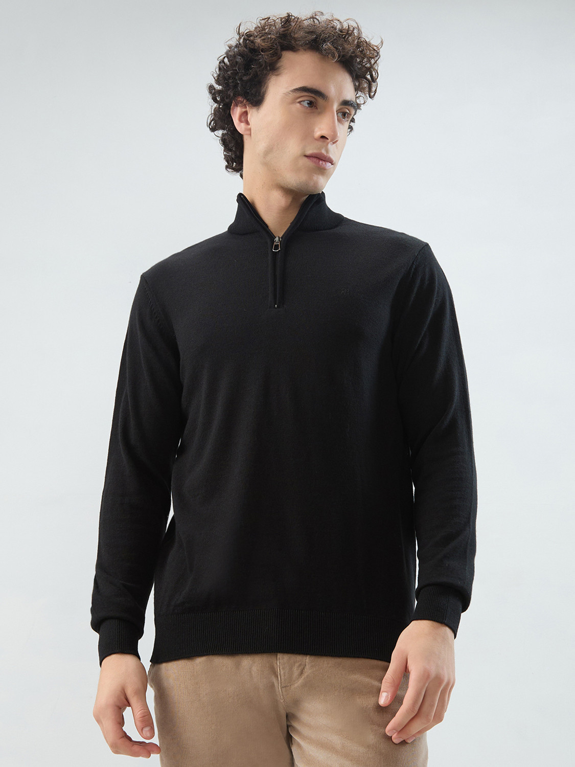 Image of Raymond Solid Collared Neck Casual Men Black Sweater