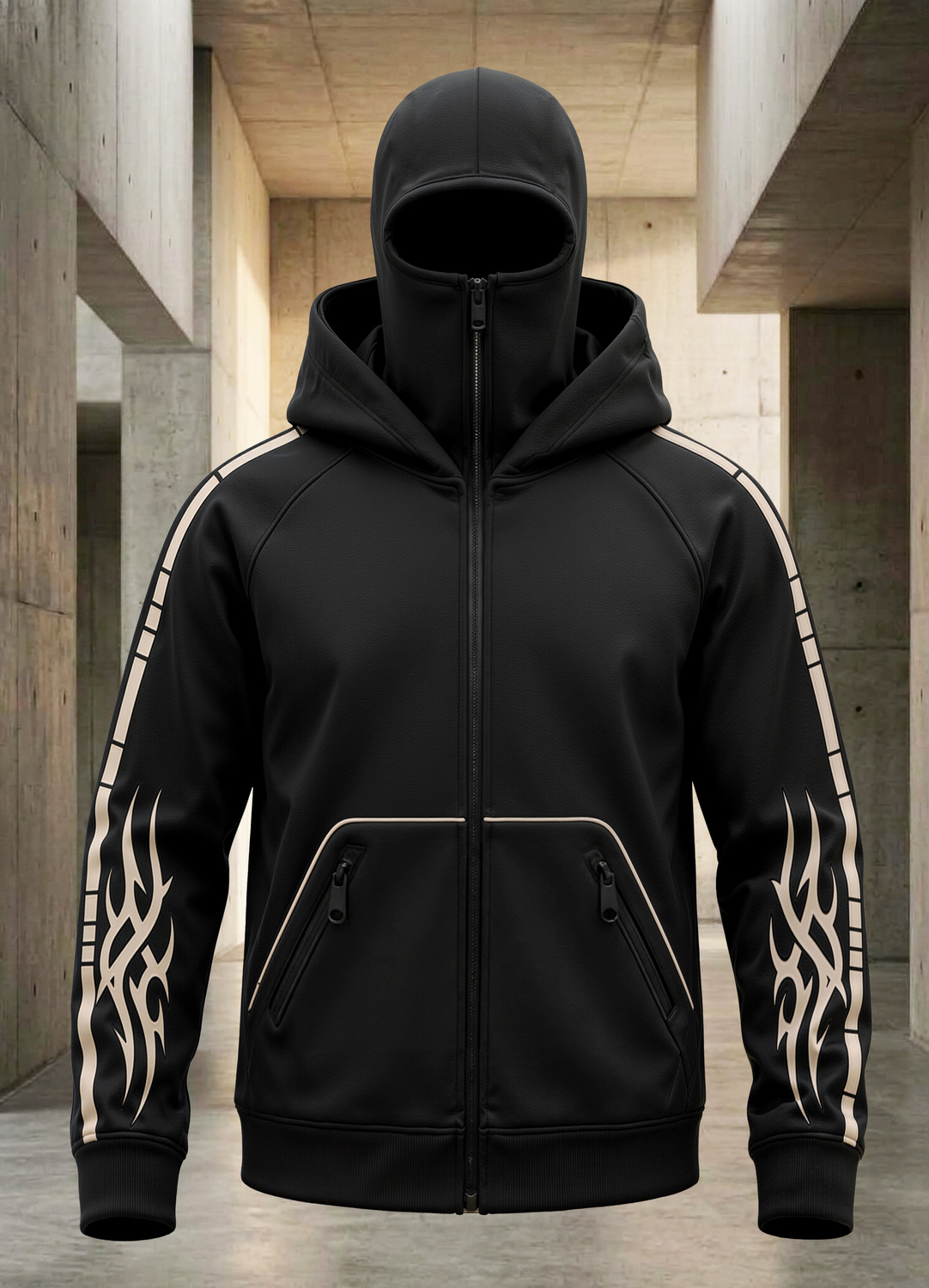 Image of TRIPR Men Printed Hooded Neck Black, Beige Sweater